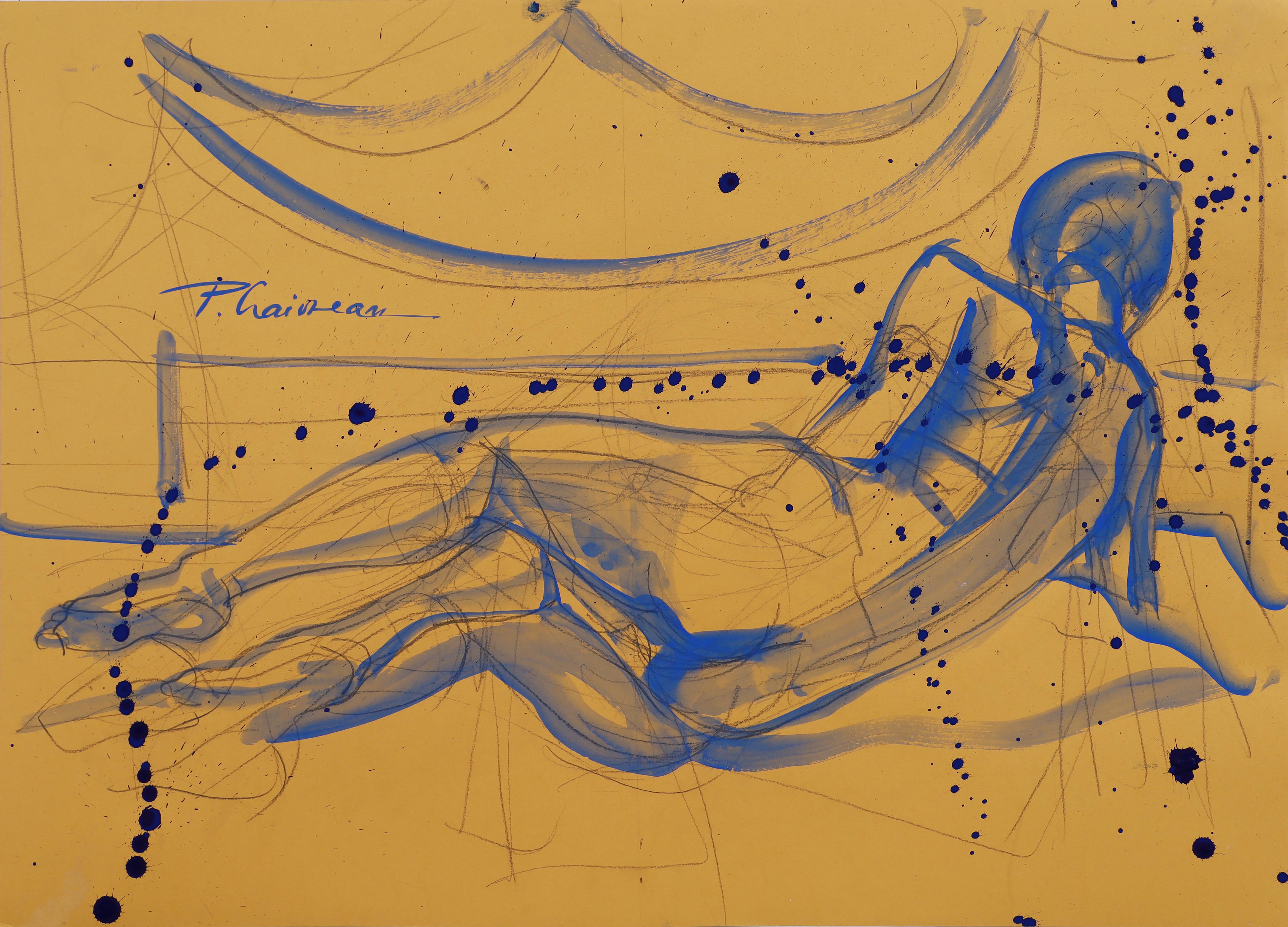 "Dream" - original unique female nude drawing. Part of  Blue Nude series, inspired by Matisse. Ultramarine tempera on paper. Comes with a certificate of authenticity signed by the artist. Free shipping with 1stDibs code FREESHIP for items over $500.