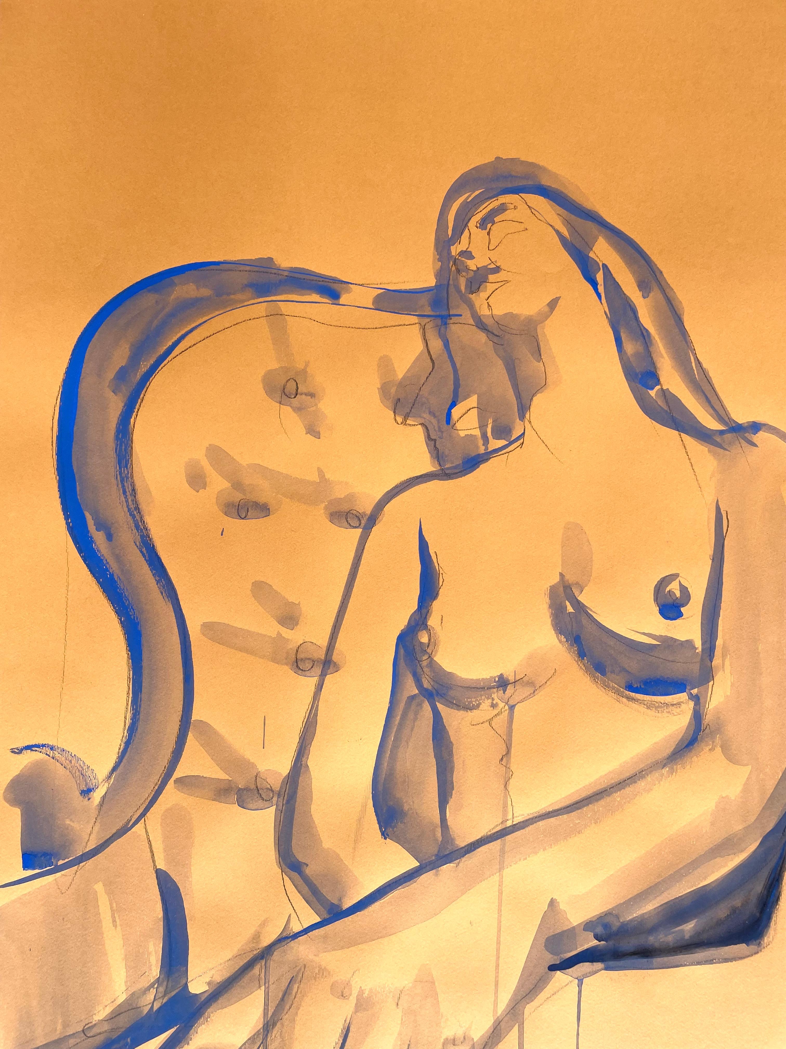 Soñar - gran desnudo azul original de Paula Craioveanu 39x27in en venta 2