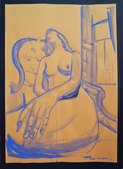 Dreaming - Large Contemporary Nude Drawing, Tempera on Paper 39x27in in Florida
