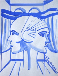 Adams et EVE dans l'espace extra-atmosphérique tempera sur papier Original Art Contemporain