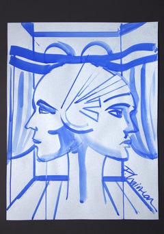 Adams et EVE dans l'espace extra-atmosphérique tempera sur papier Original Art Contemporain
