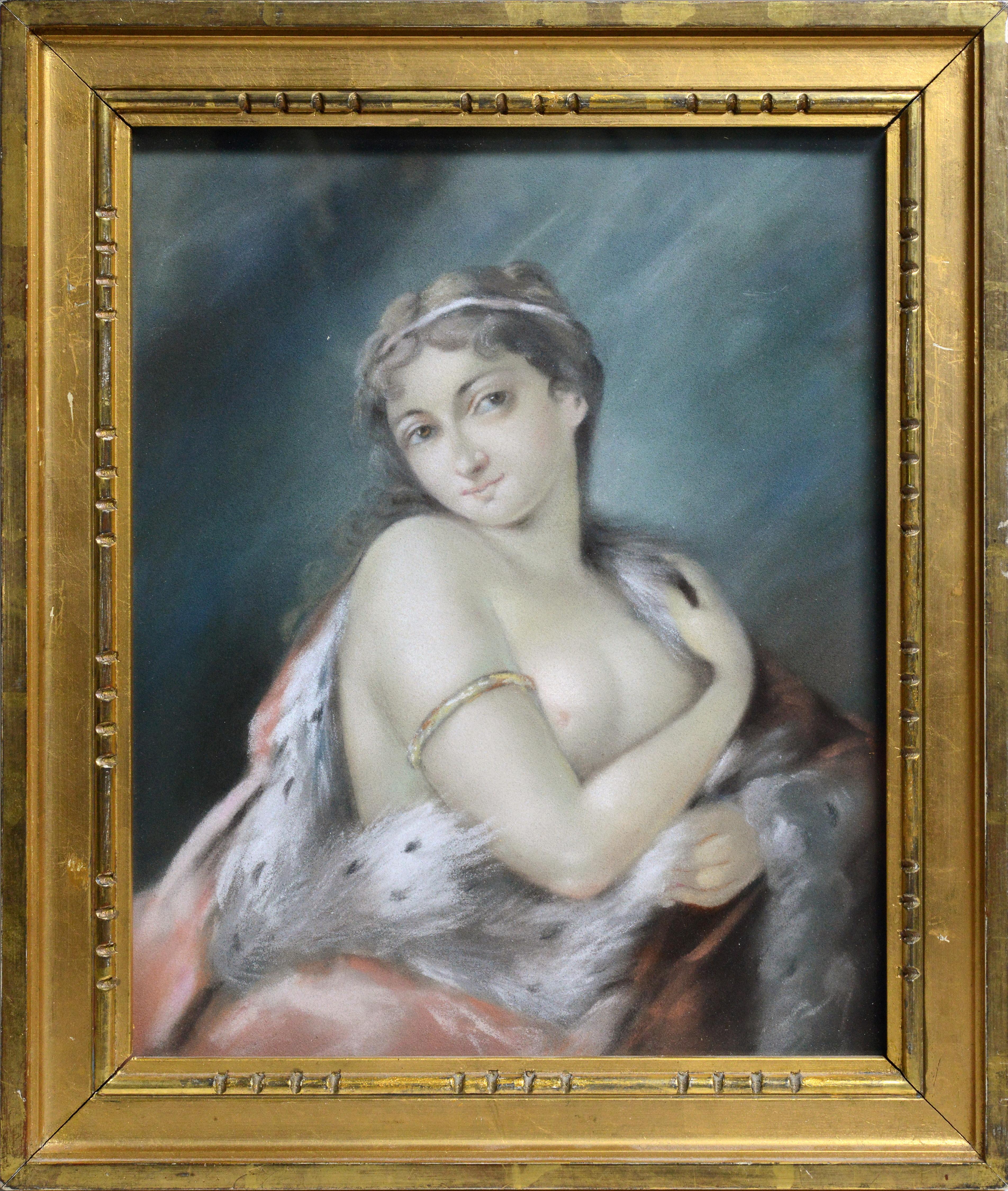 Nude Unknown - Portrait rococo Femme nue au manteau royal Début du 20e siècle Dessin au pastel