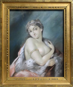 Antique Rococo portrait Nude lady in Royal mantle Early 20th century Pastel drawing