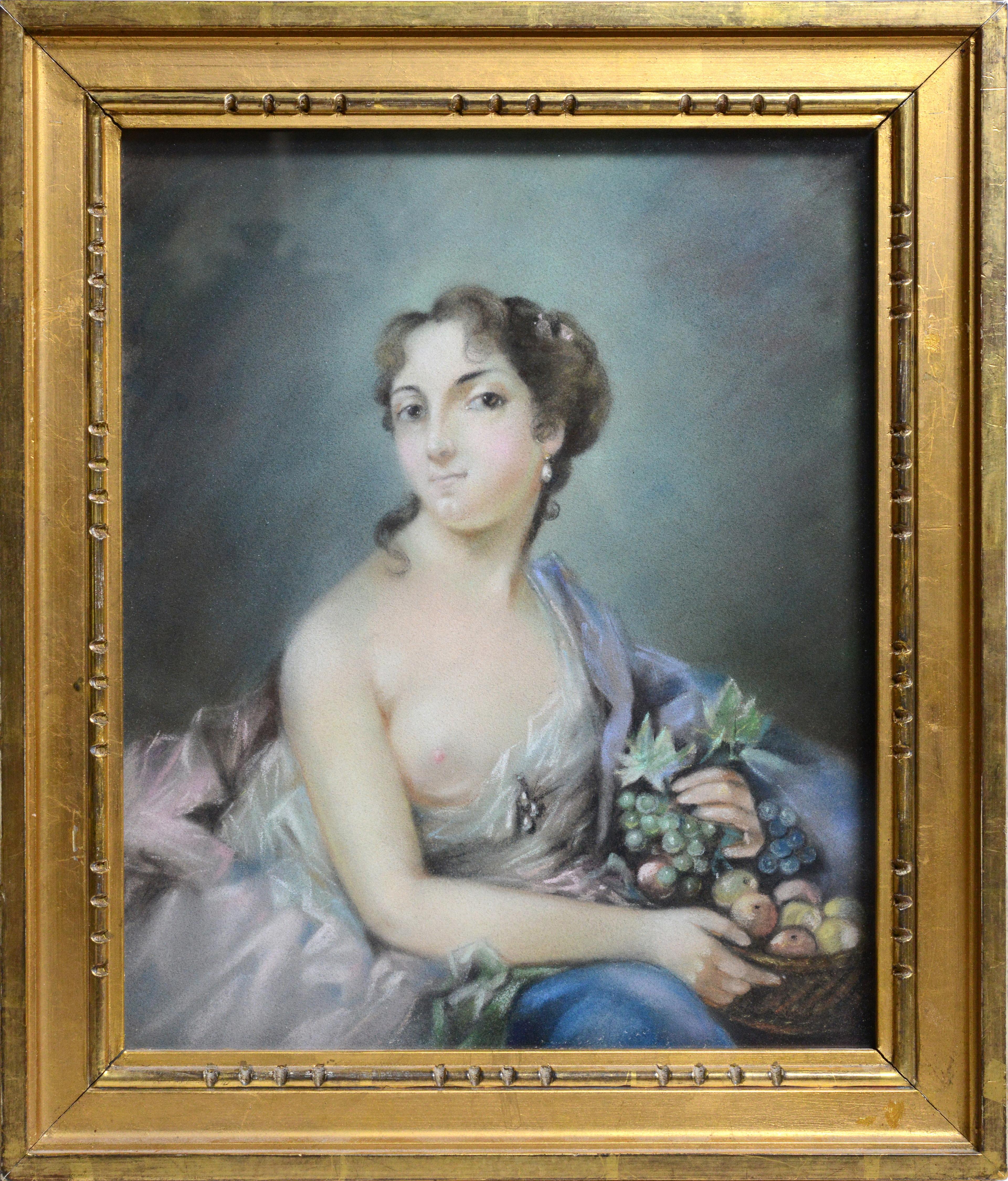 Rococo portrait Nude lady in Royal mantle Early 20th century Pastel drawing - Art by Unknown