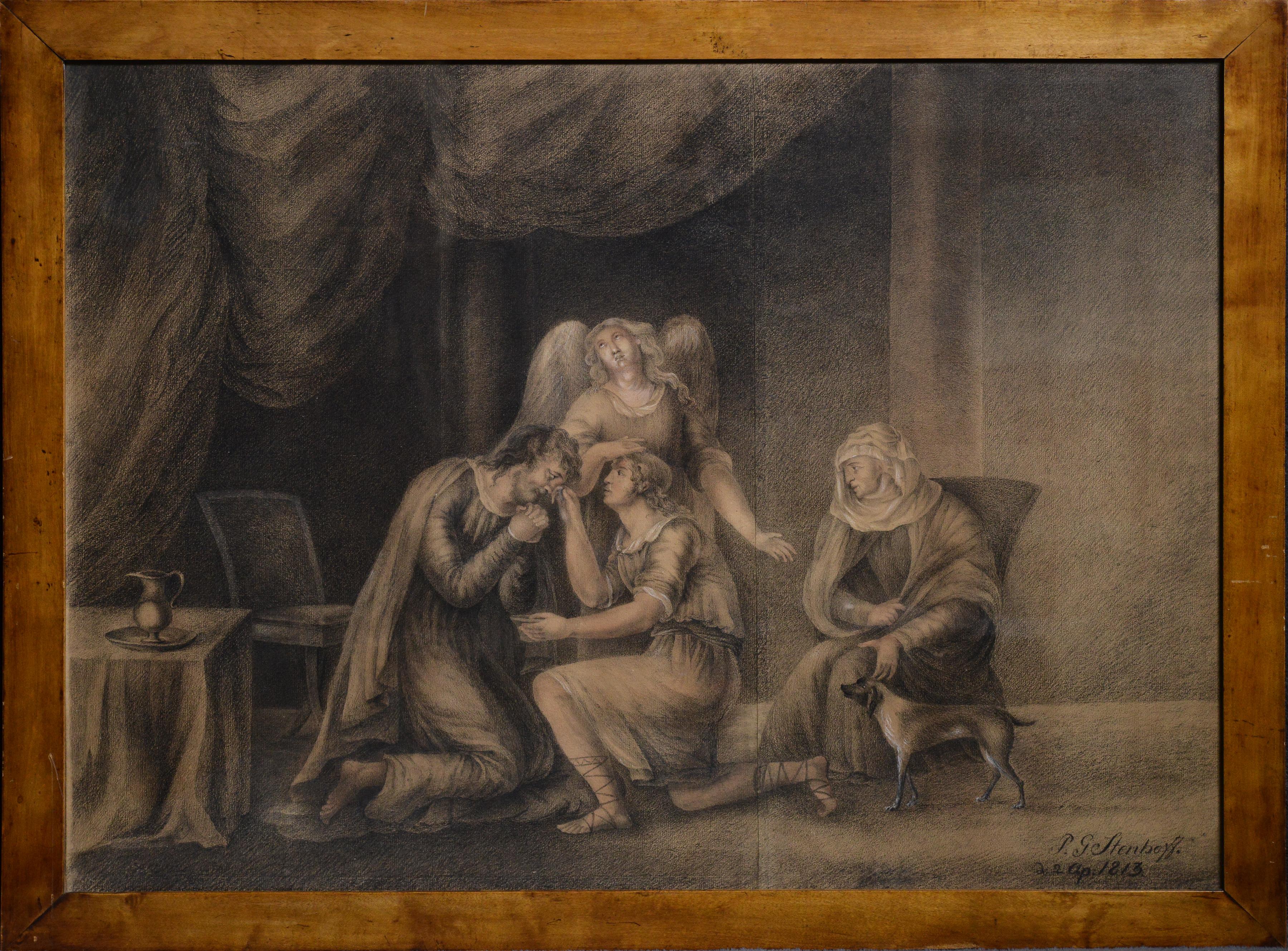 Unknown Figurative Art - Old Testament Scene with Angel 1813 Large Grisaille Drawing on Paper Signed