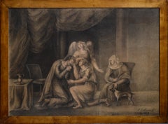 Antique Old Testament Scene with Angel 1813 Large Grisaille Drawing on Paper Signed