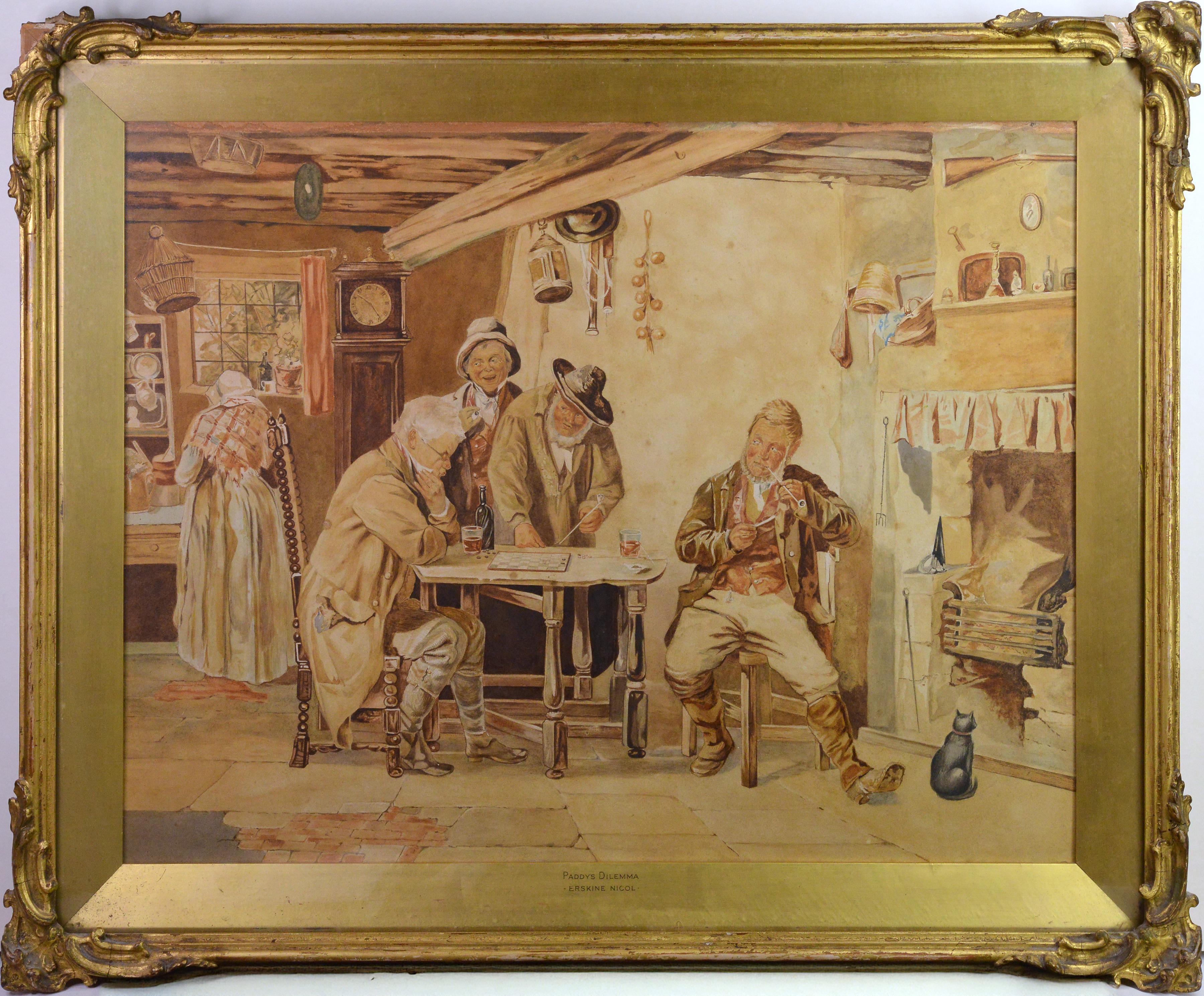 Dibujantes Gran Escena Interior de Género Siglo XIX Pintura Irlandesa a la Acuarela