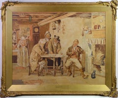 Giocatori di dama Grande scena di genere interna Pittura ad acquerello irlandese del 19° secolo