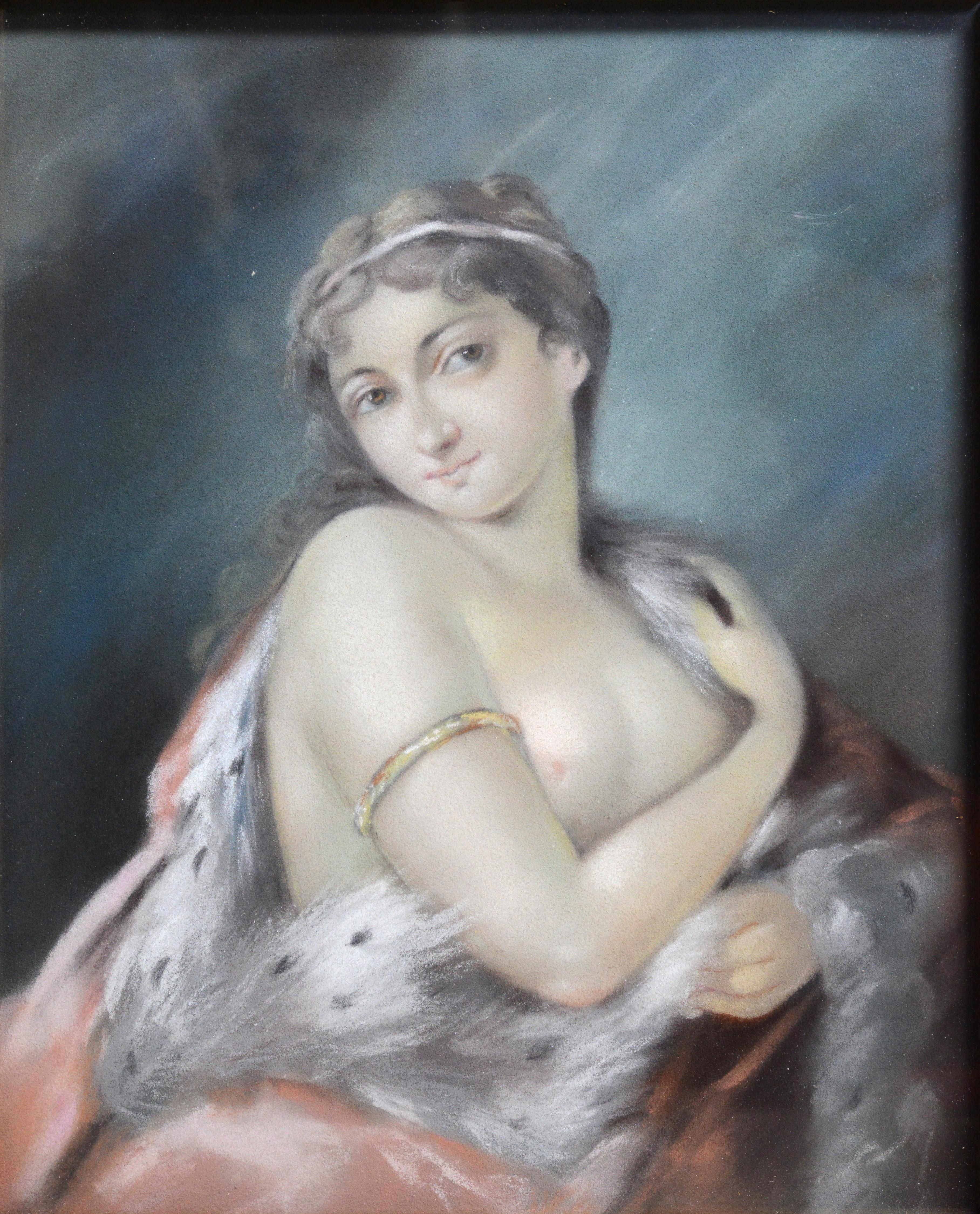 Rococo portrait Nude lady in Royal mantle Early 20th century Pastel drawing - Realist Art by Unknown