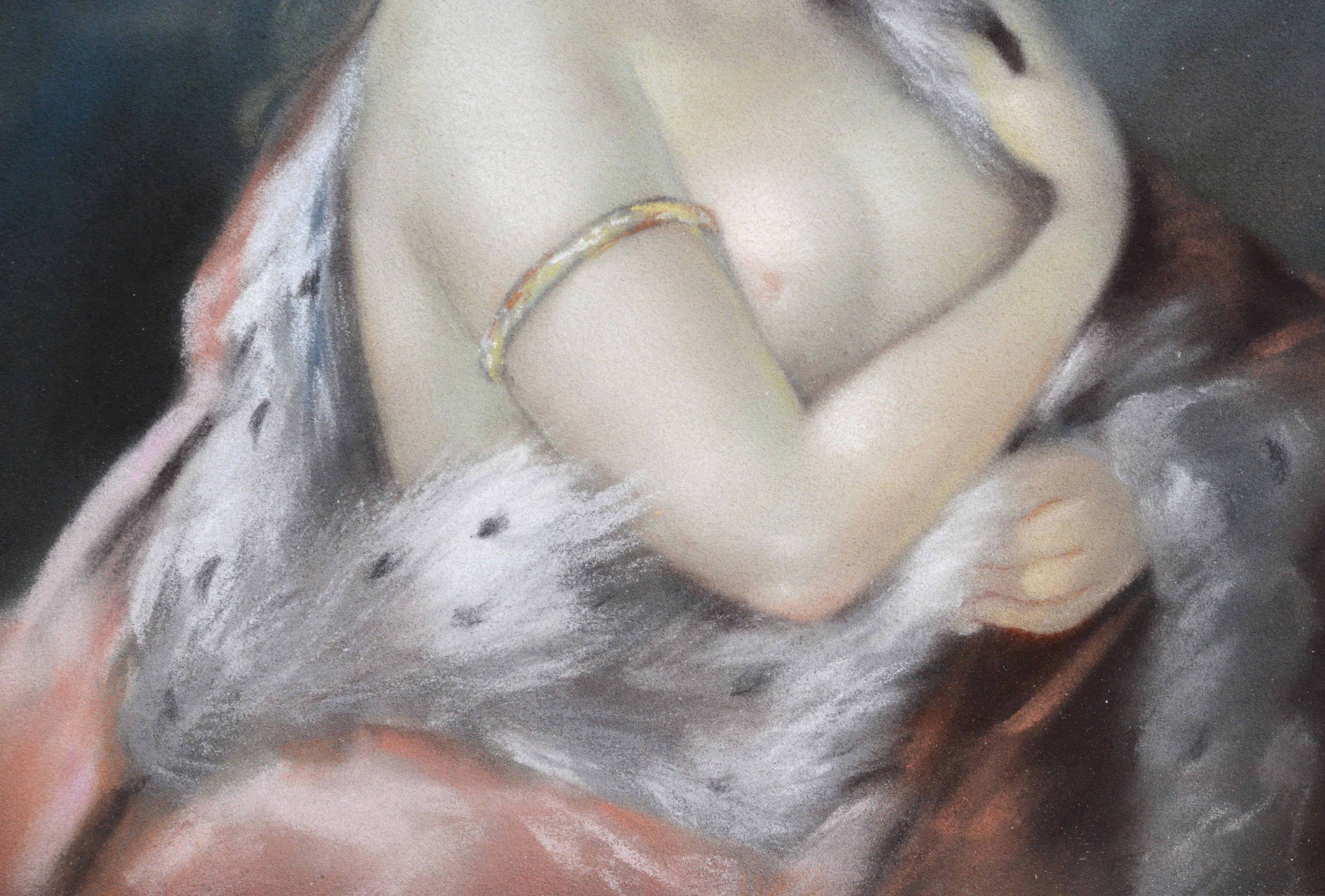 Rococo portrait Nude lady in Royal mantle Early 20th century Pastel drawing For Sale 1