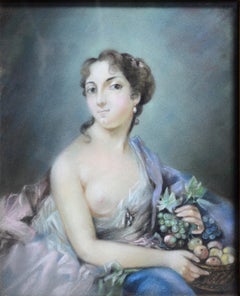 Retrato rococó Dama desnuda con manto real Principios del siglo XX Dibujo al pastel