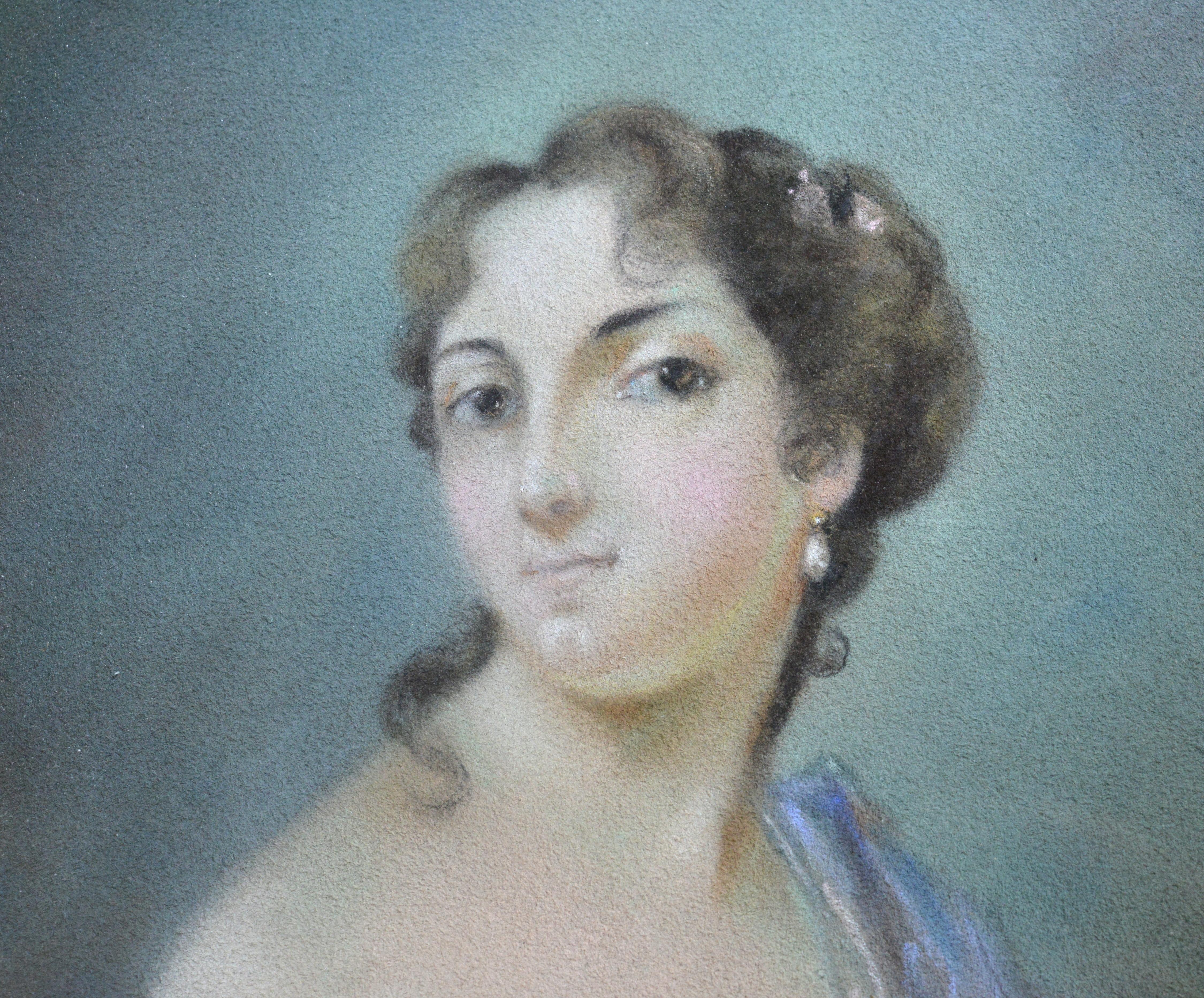 A lady with a porcelain-delicate toasty face, enchants with playful and refined coquetry. The lively movability of the artist's stroke conveys with all tangibility the reflections and the play of light on the surface of the blue satin, and the