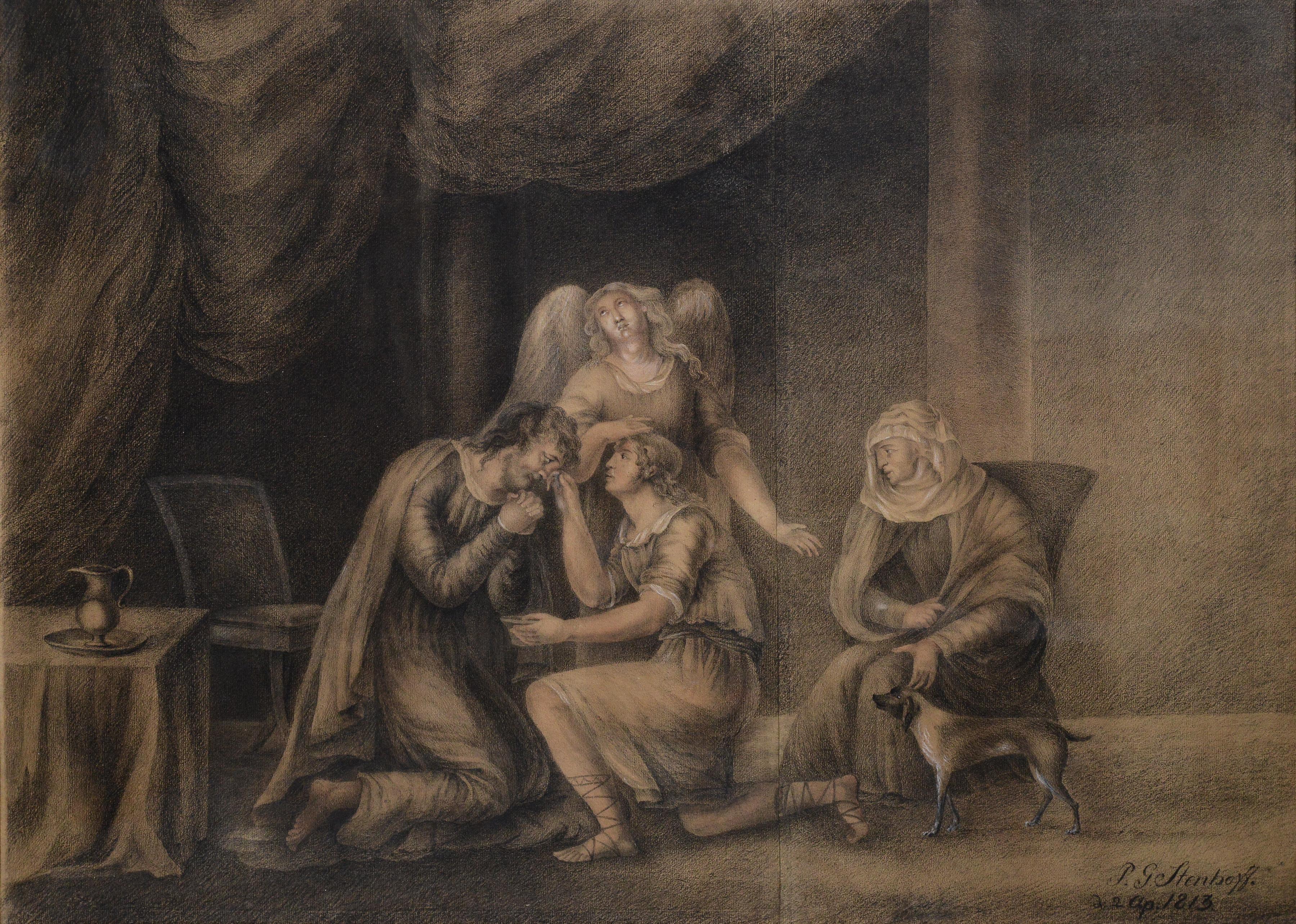 Grand dessin de Grisaille sur papier signé « Old Testament Scene with Angel 1813 » - Art de Unknown