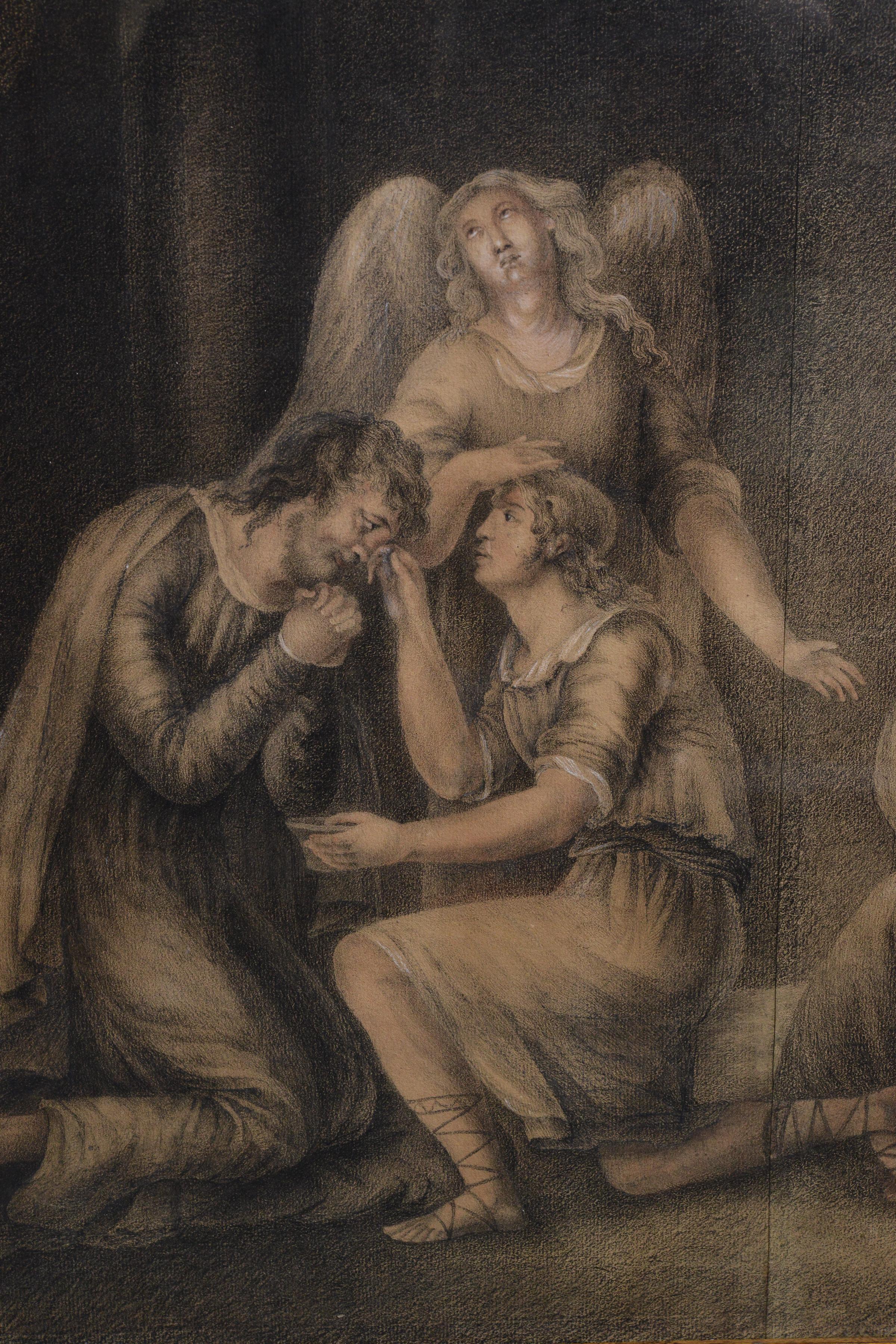 Old Testament Scene with Angel 1813 Large Grisaille Drawing on Paper Signed - Realist Art by Unknown