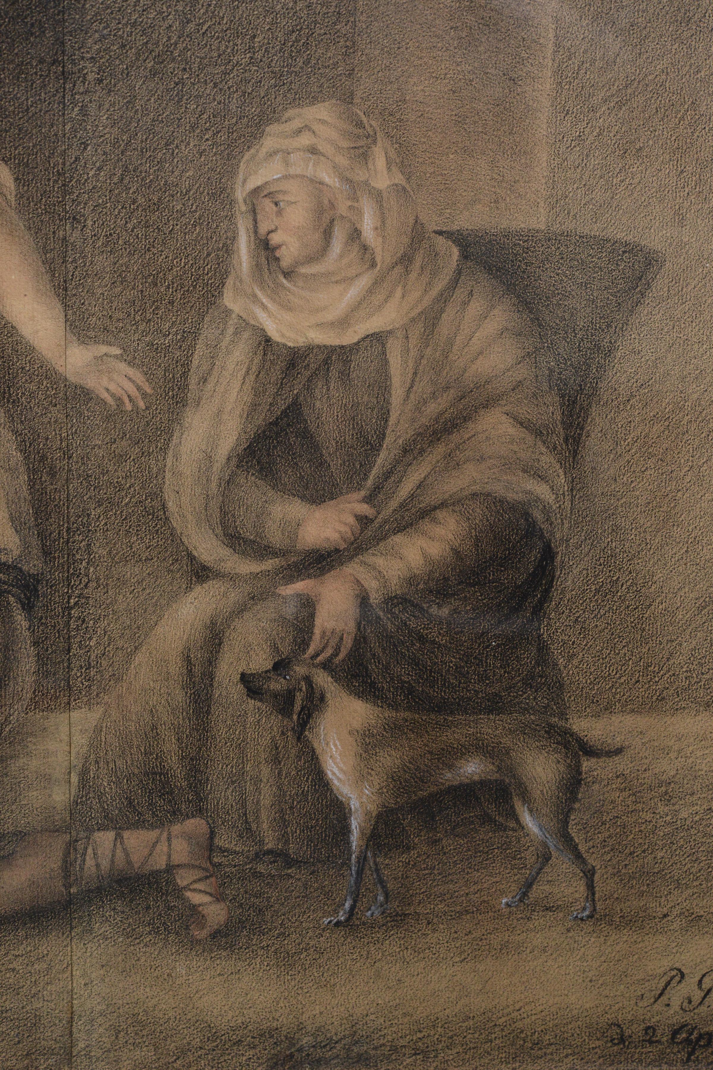 L'un des personnages de cette scène est un homme d'âge mûr, agenouillé, la tête baissée et les mains jointes près de la poitrine dans un geste de supplication. Son attitude traduit un sentiment d'humilité et de contrition, suggérant qu'il cherche à