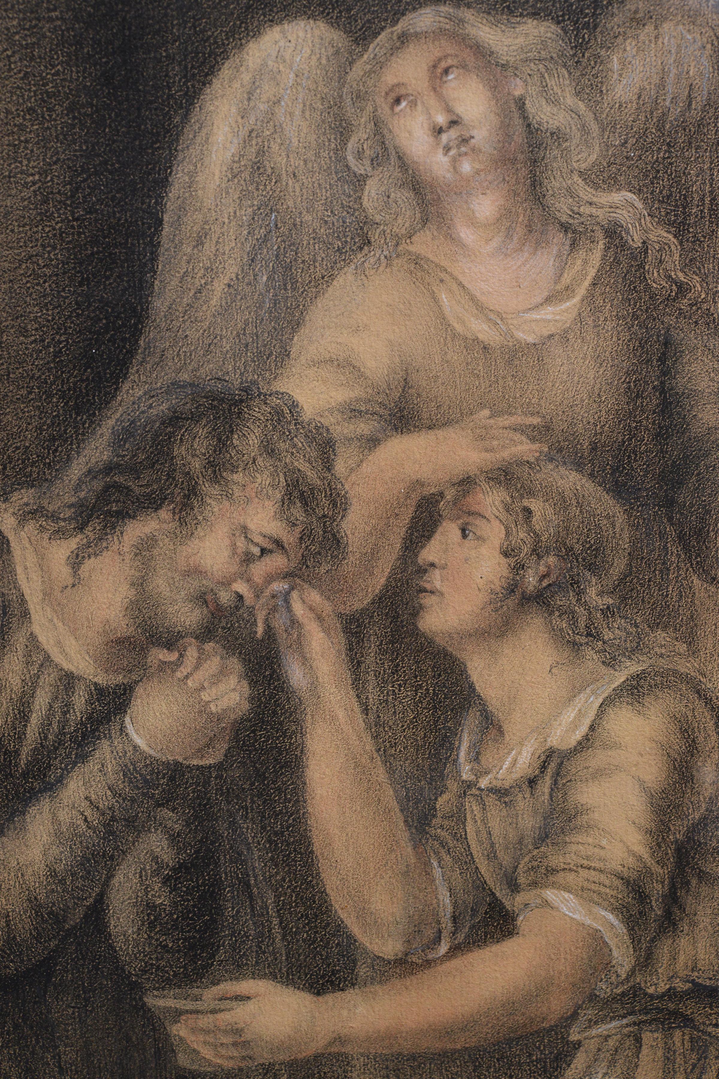 Grand dessin de Grisaille sur papier signé « Old Testament Scene with Angel 1813 » - Marron Portrait par Unknown