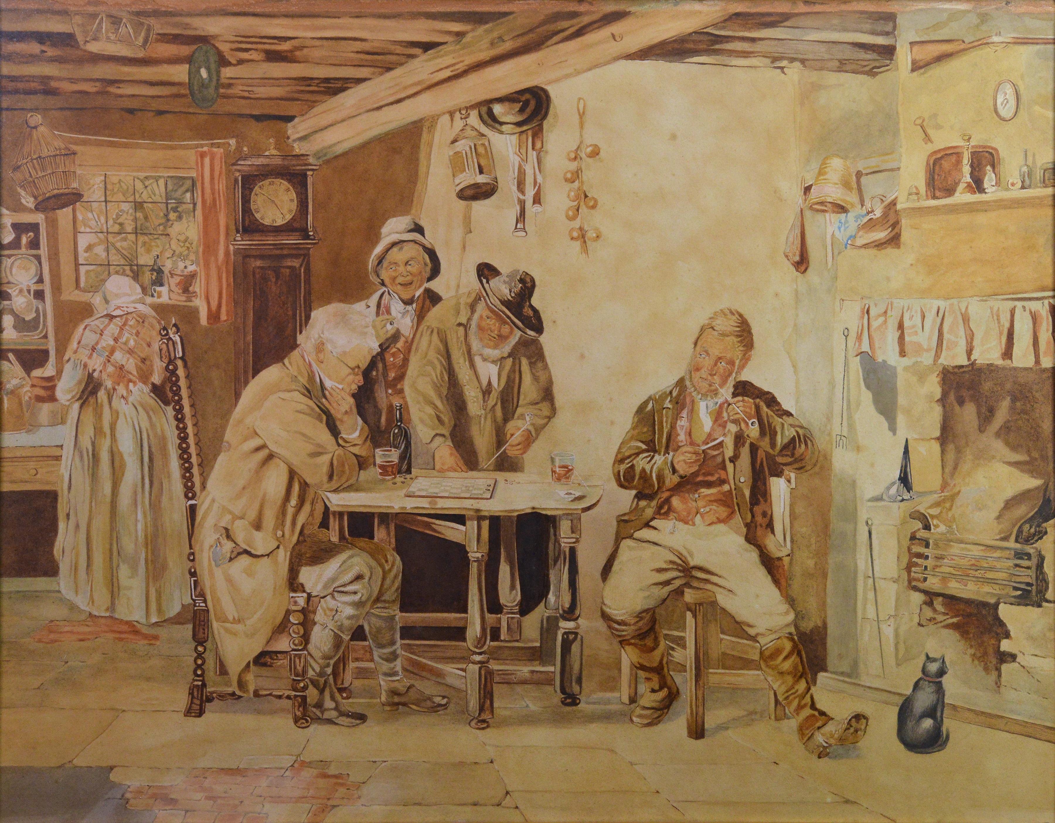 Draught Players Large Interior Genre Scene 19 century Irish Watercolor Painting - Art by Erskine Nicol RSA ARA