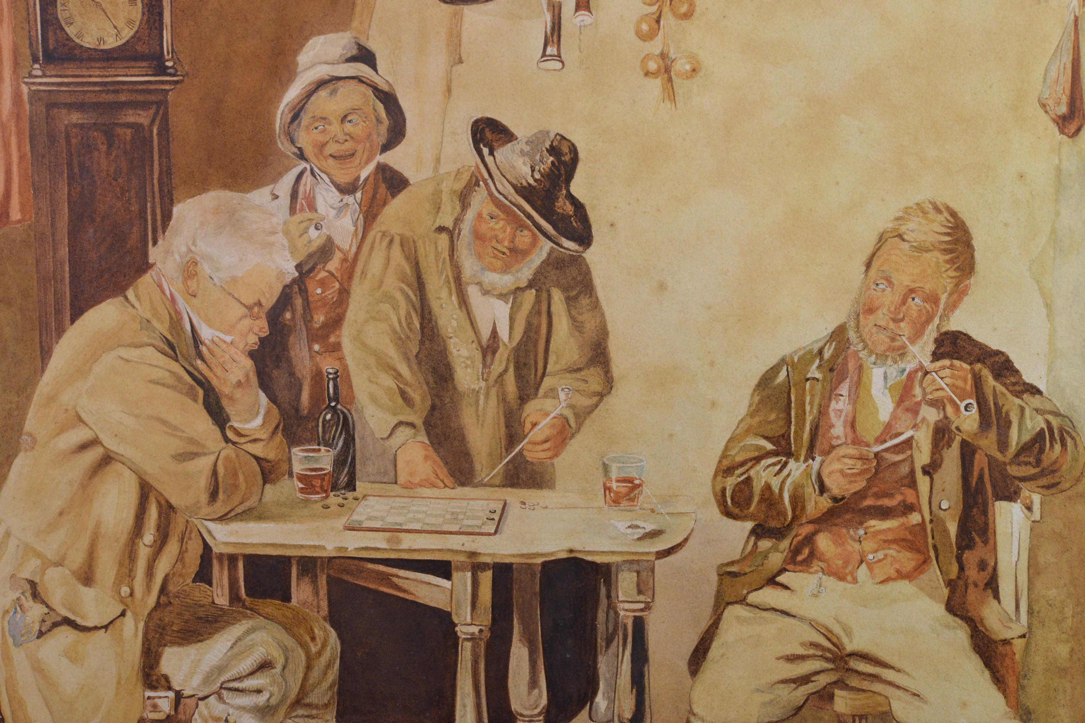 Draught Players Large Interior Genre Scene 19 century Irish Watercolor Painting - Realist Art by Erskine Nicol RSA ARA
