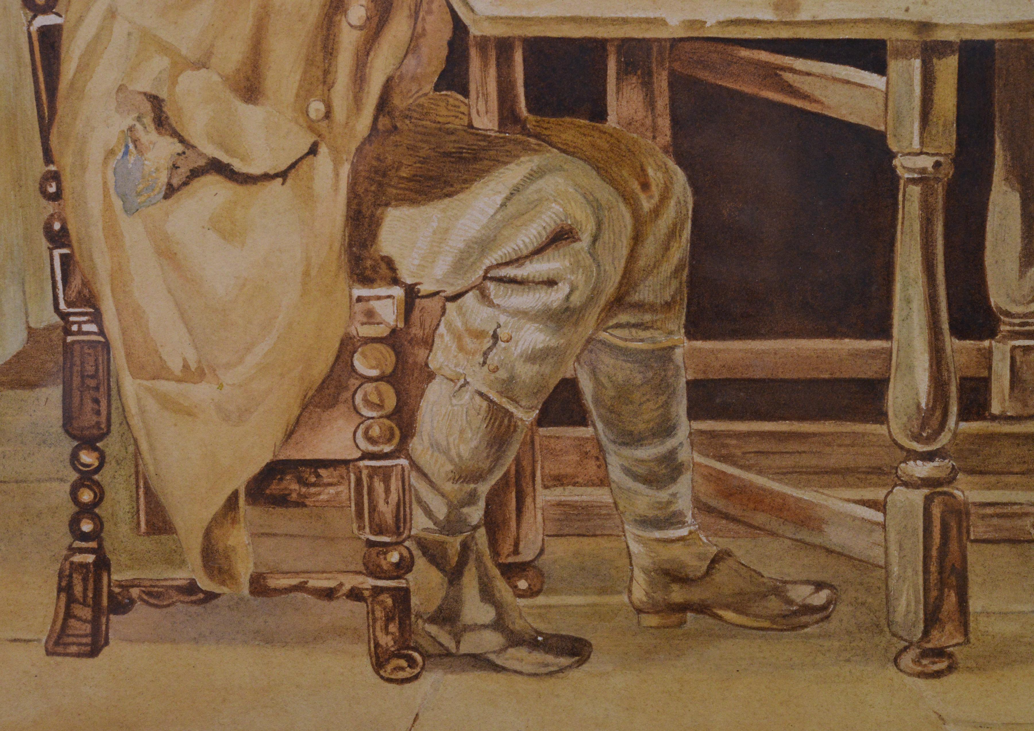 Draught Players Large Interior Genre Scene 19 century Irish Watercolor Painting For Sale 2