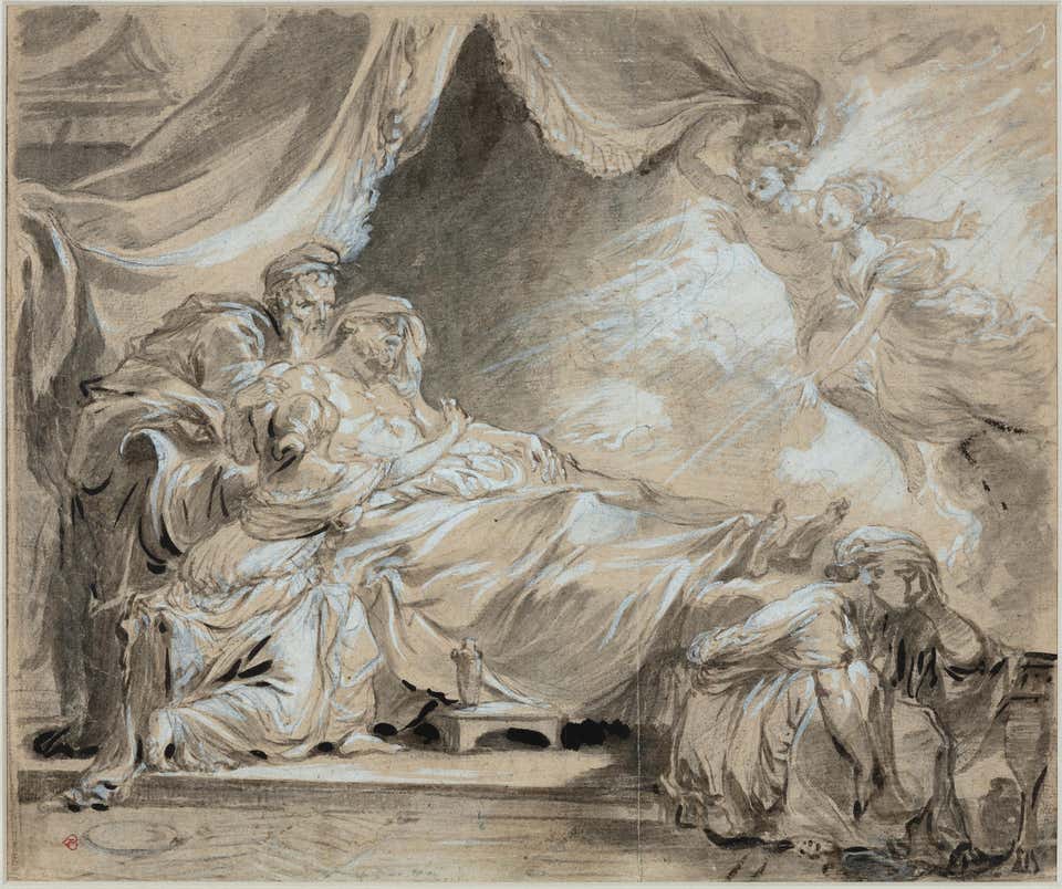 The Death of Coresus, 18th Century Watercolor and Ink Drawing, Framed