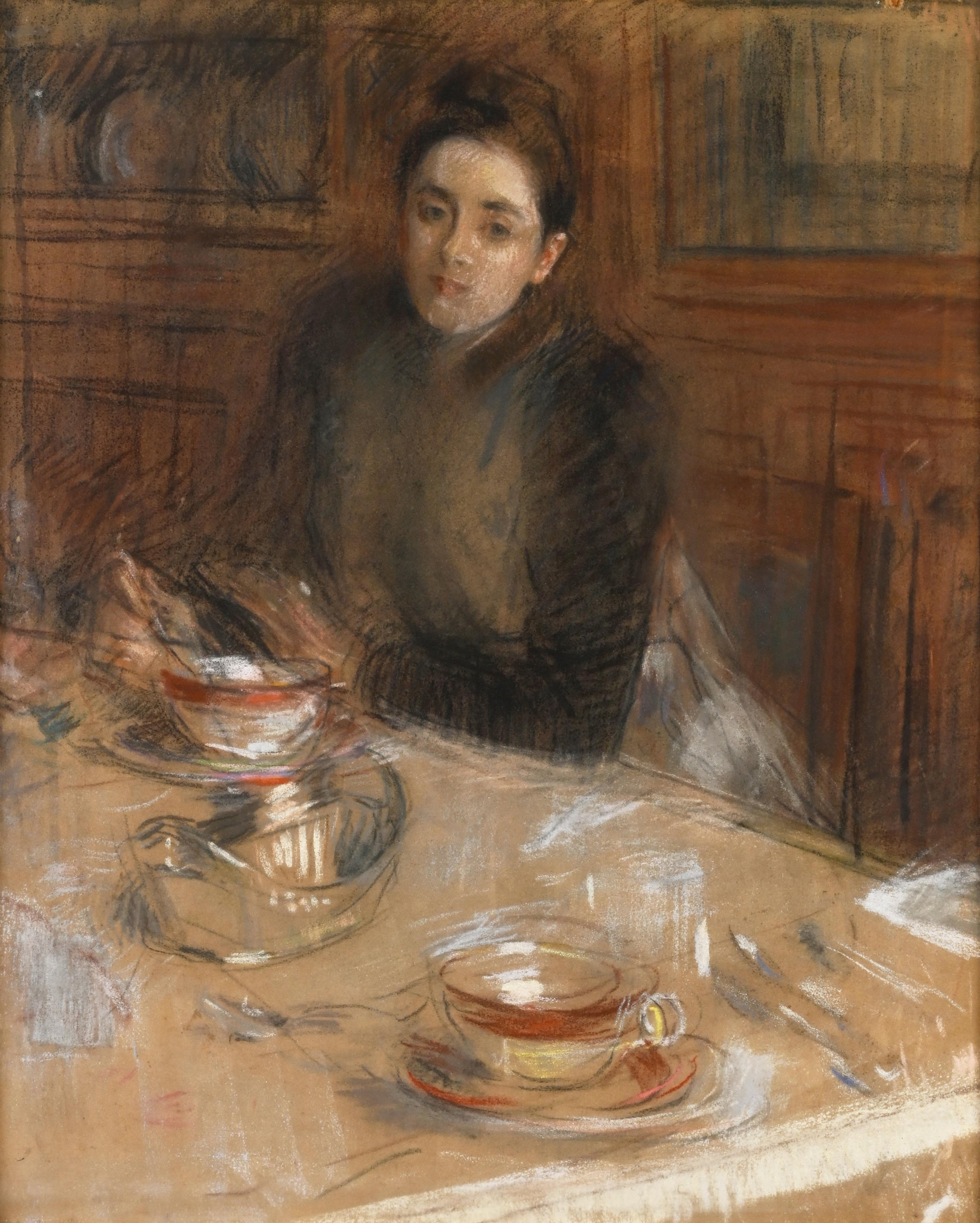 Jean Louis Forain Interior Art - End of lunch or Portrait of a young woman seated at a table