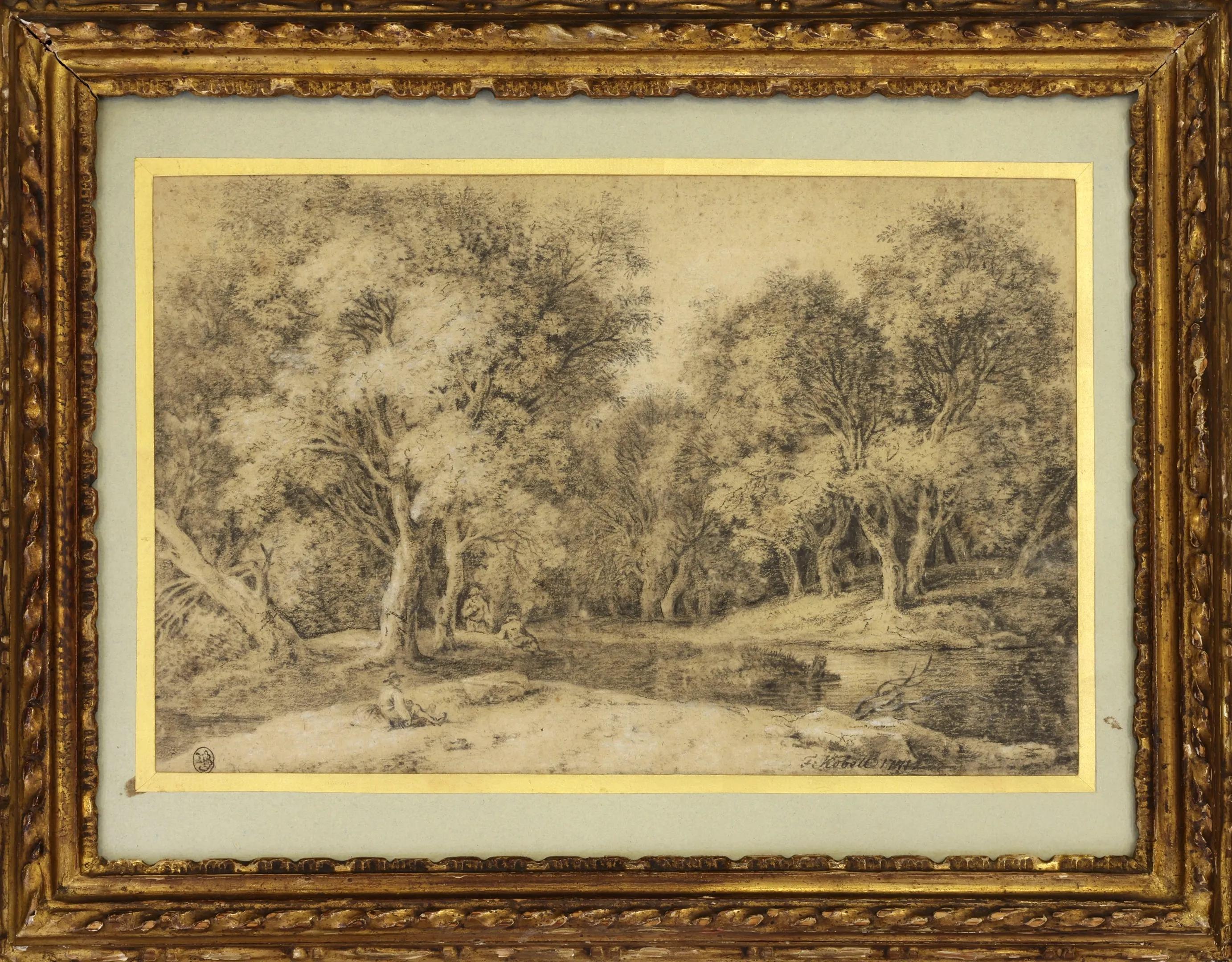 Ferdinand Von Kobell Landscape Art – Figuren an einem Fluss am Rande eines Holzes