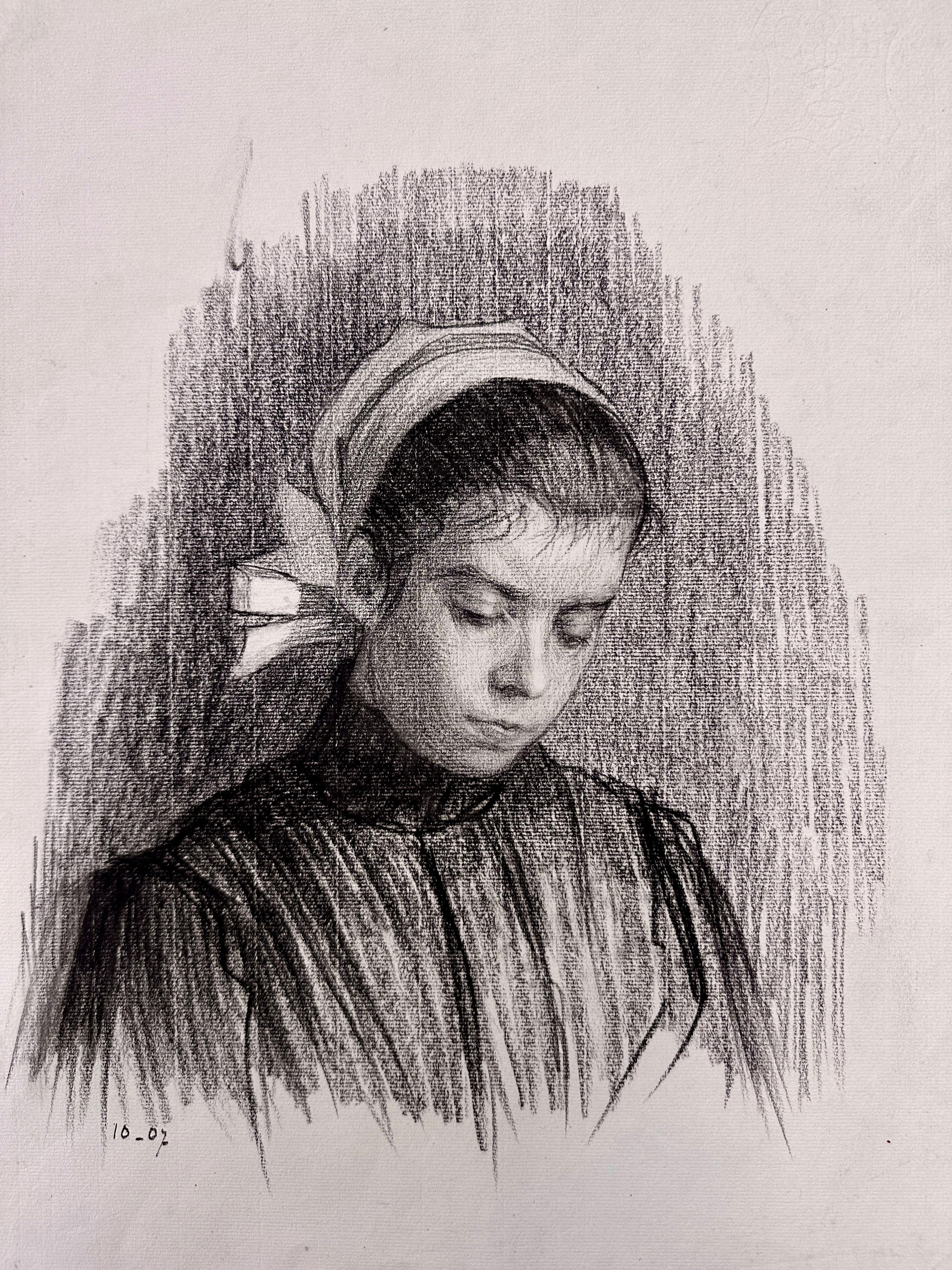 Portrait d'une jeune fille avec un foulard blanc, école française, daté de 1907