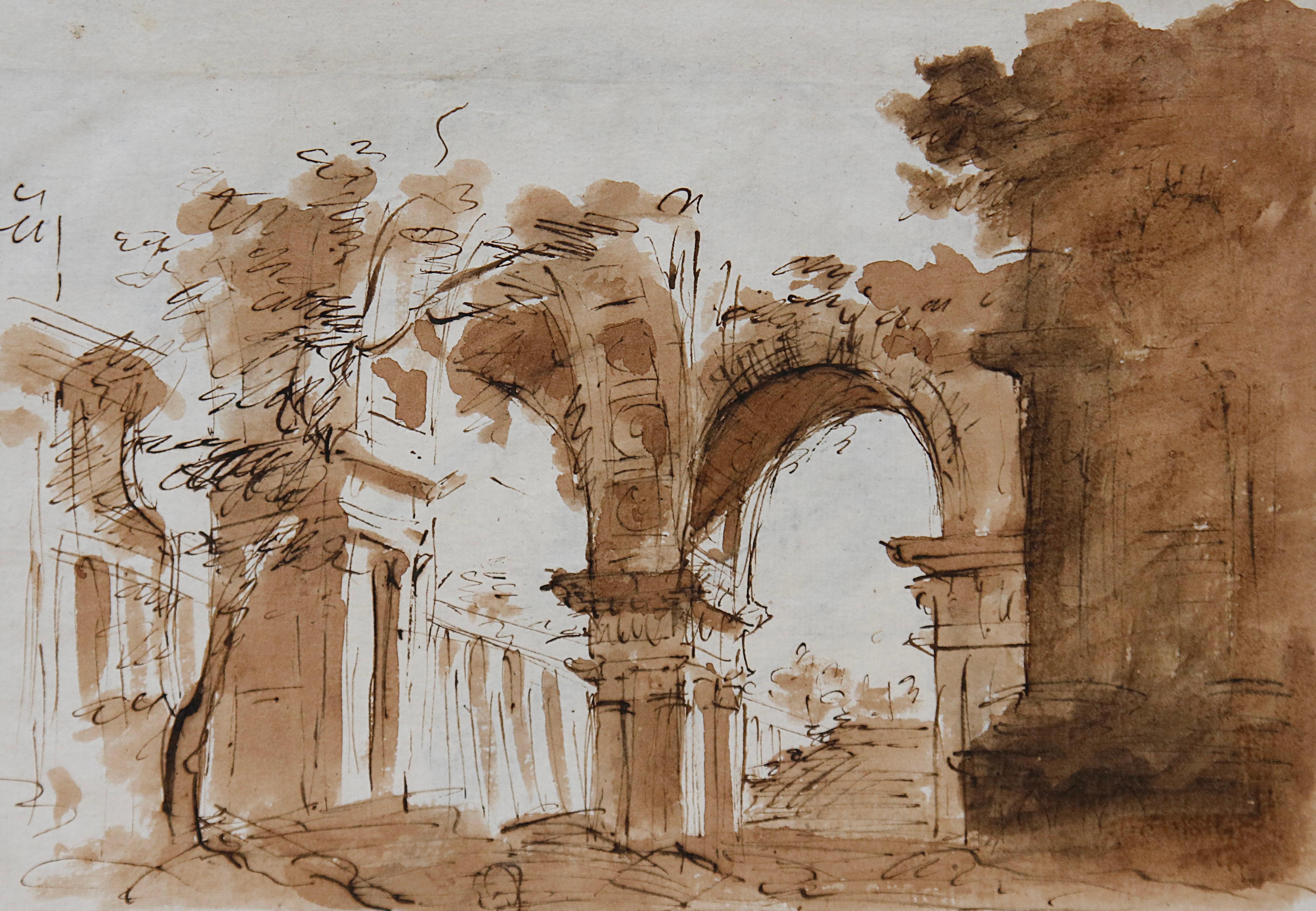 Landscape Art Giovanni Battista Piranesi - Capriccio con arco (verso : étude d'un homme)