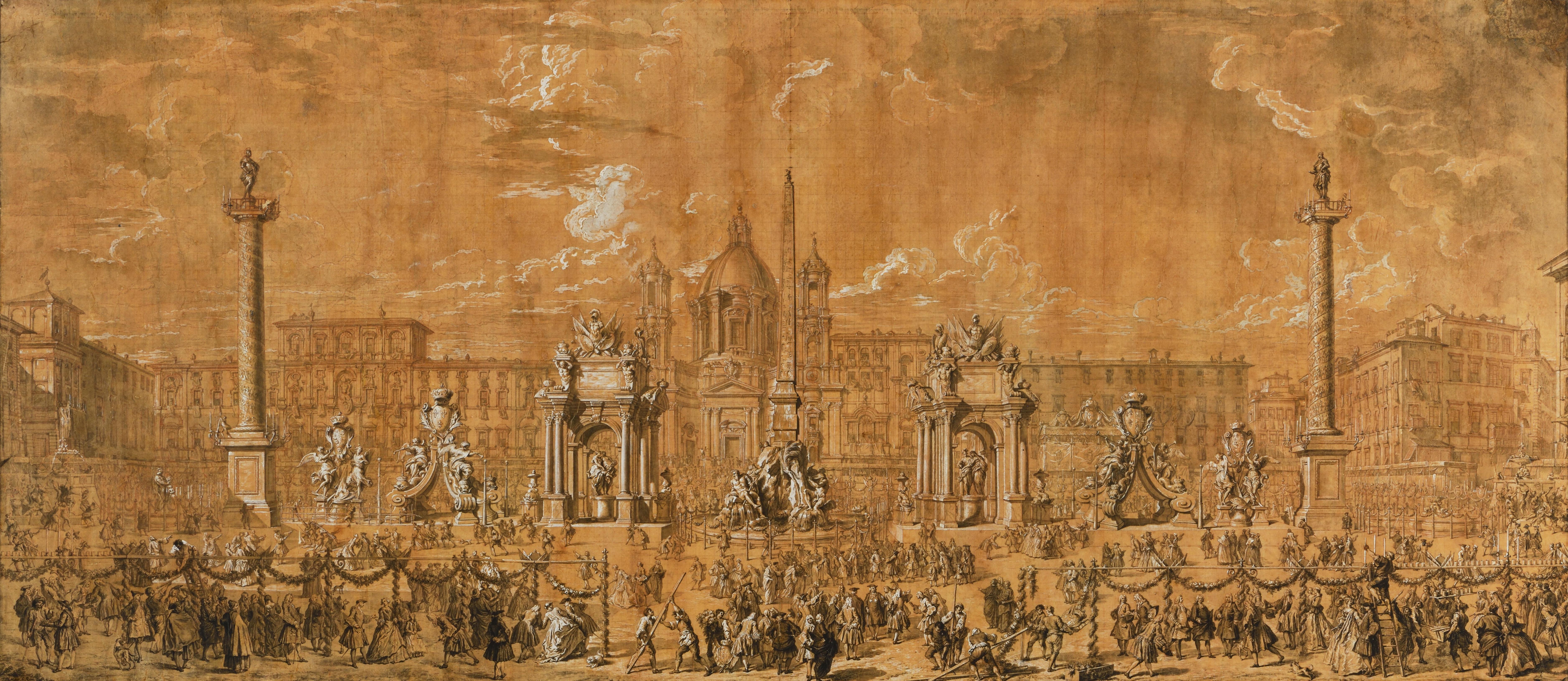 Vorbereitungen für die Feuerwerksausstellung auf der Piazza Navona im Jahr 1729 – Painting von Jacques DUMONT called LE ROMAIN
