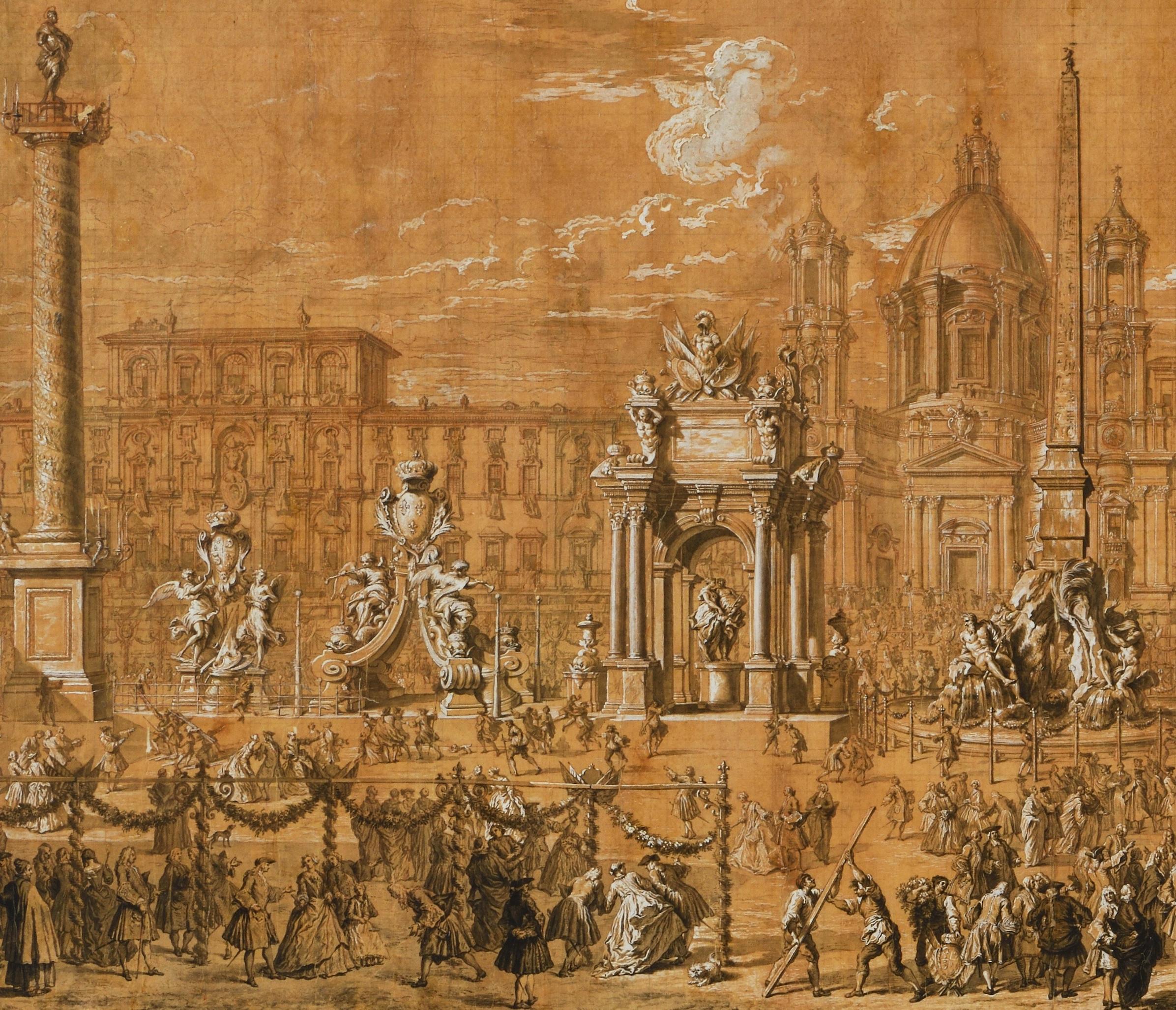 Vorbereitungen für die Feuerwerksausstellung auf der Piazza Navona im Jahr 1729 (Französische Schule), Painting, von Jacques DUMONT called LE ROMAIN