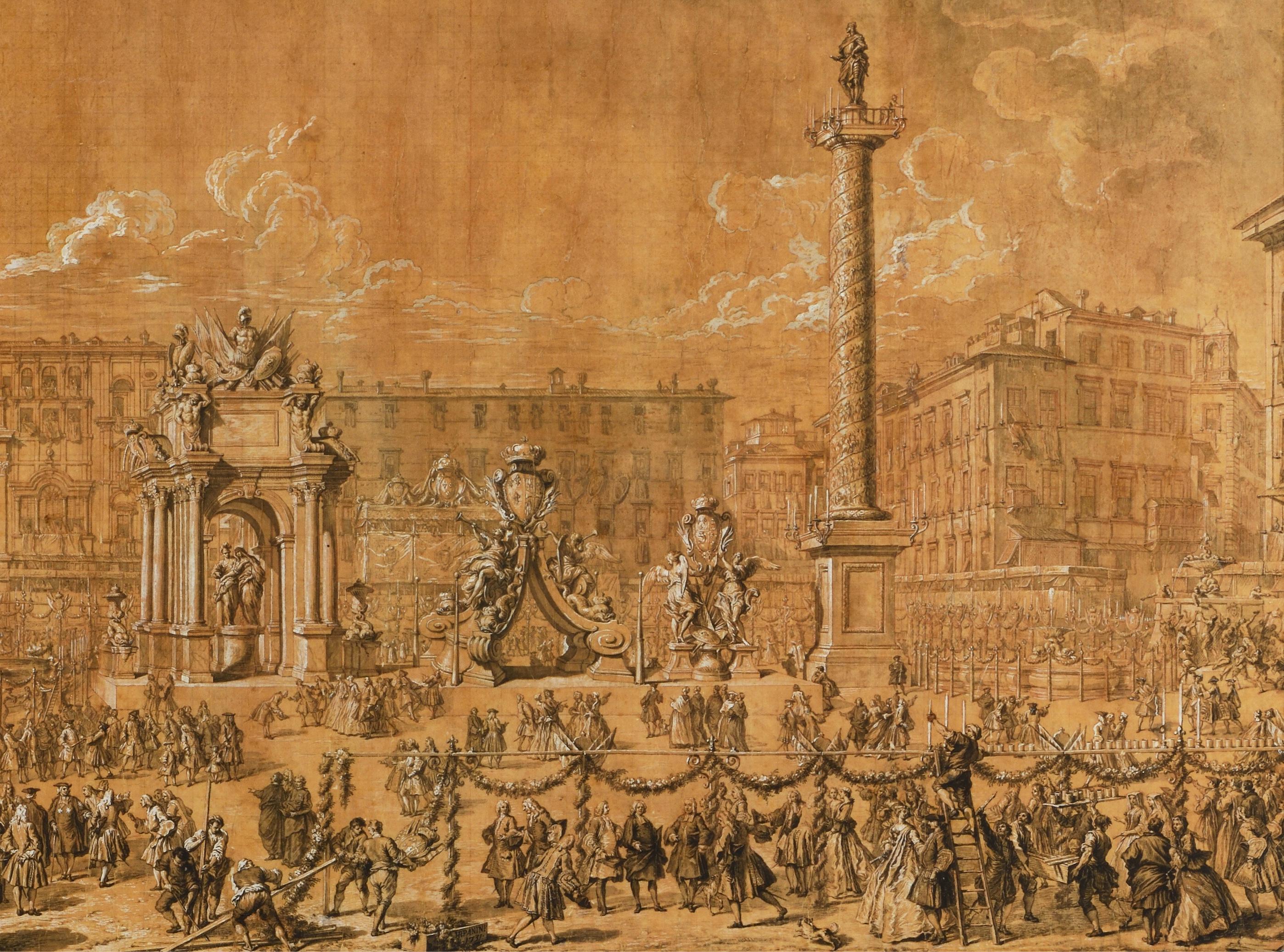 Vorbereitungen für die Feuerwerksausstellung auf der Piazza Navona im Jahr 1729 (Braun), Landscape Painting, von Jacques DUMONT called LE ROMAIN