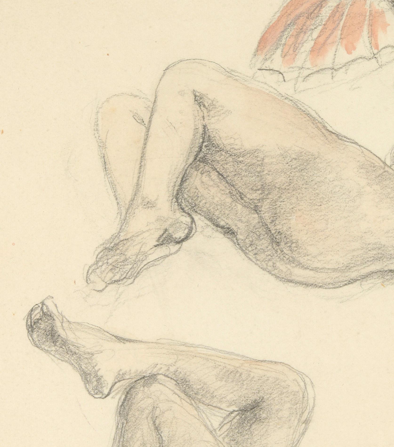 Nudi femminili sdraiati con ombrello - Figurative Art Beige di Henri Lebasque