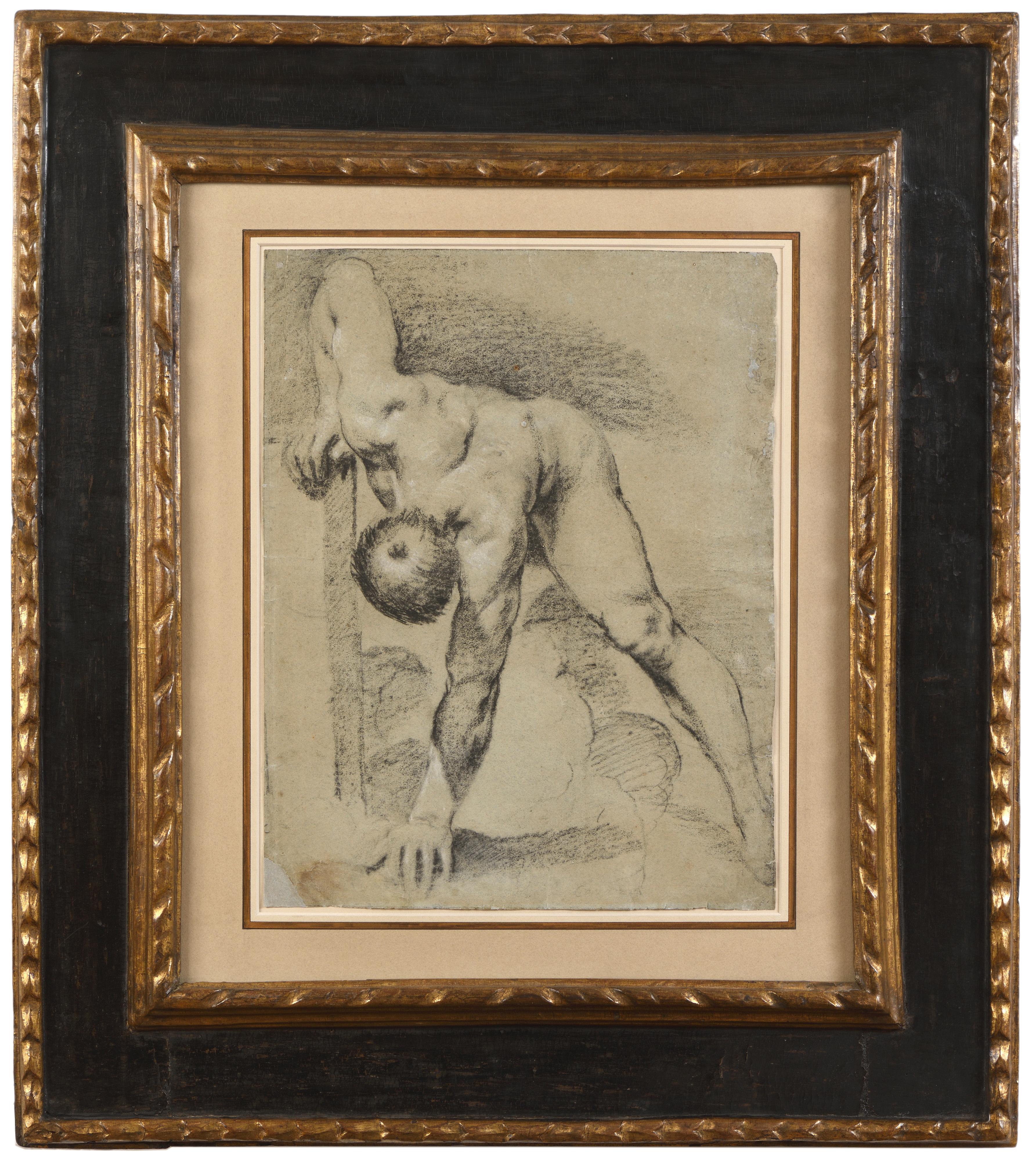 Uomo nudo appoggiato (recto); Uomo inginocchiato con le mani legate dietro la schiena (verso) - Art di Giovanni Francesco Barbieri (Il Guercino)