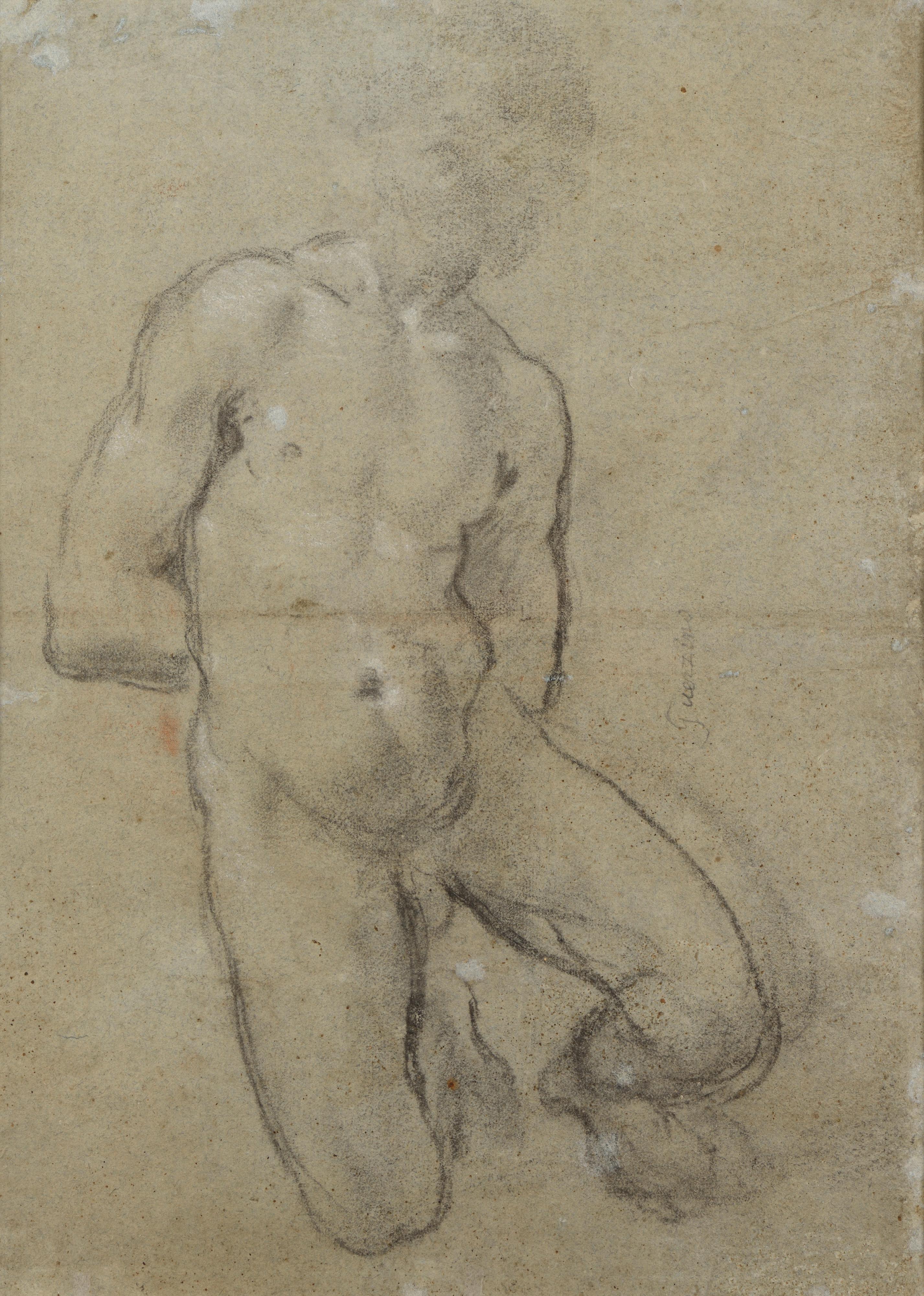 Uomo nudo appoggiato (recto); Uomo inginocchiato con le mani legate dietro la schiena (verso) - Art Antichi maestri di Giovanni Francesco Barbieri (Il Guercino)