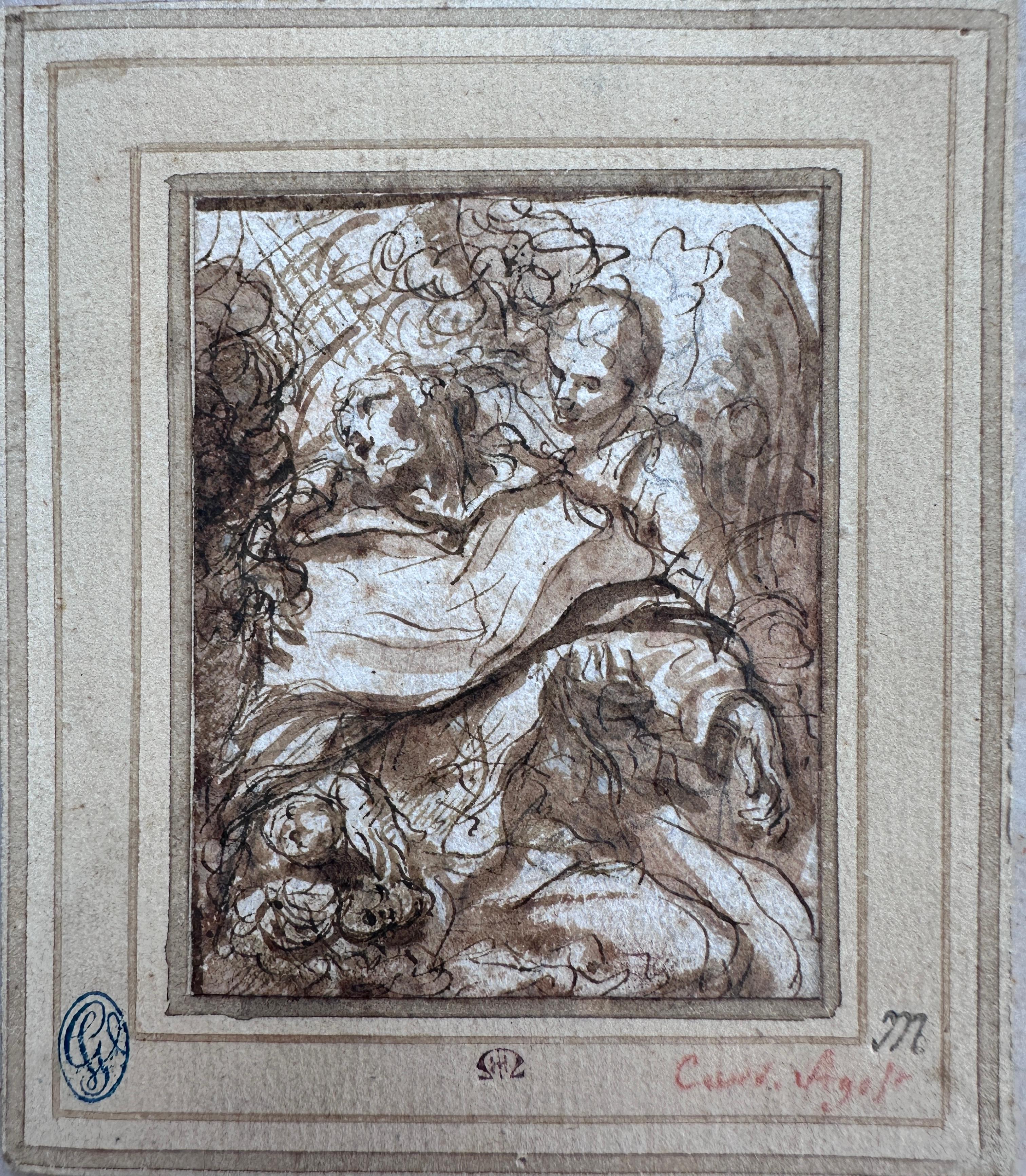 Salvatore Rosa
(Napoli 1615 - Roma 1673)
San Francesco d'Assisi in estasi

Penna e inchiostro marrone, lavaggio marrone su gesso nero, su carta
7 x 5 cm

Reca i timbri delle collezioni sulla montatura: in basso a sinistra Giuseppe Vallardi (L.