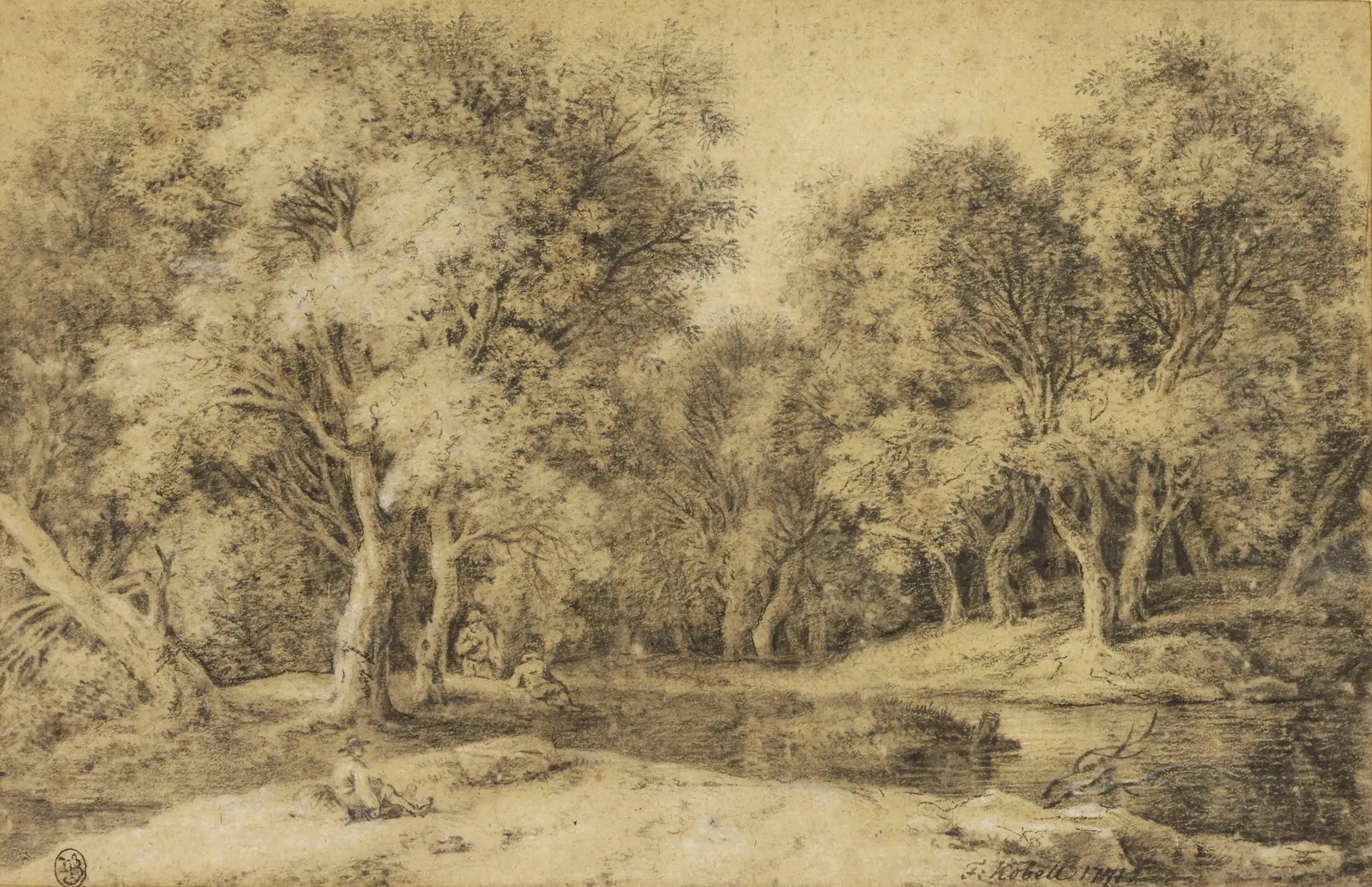 Figuren an einem Fluss am Rande eines Holzes – Art von Ferdinand Von Kobell