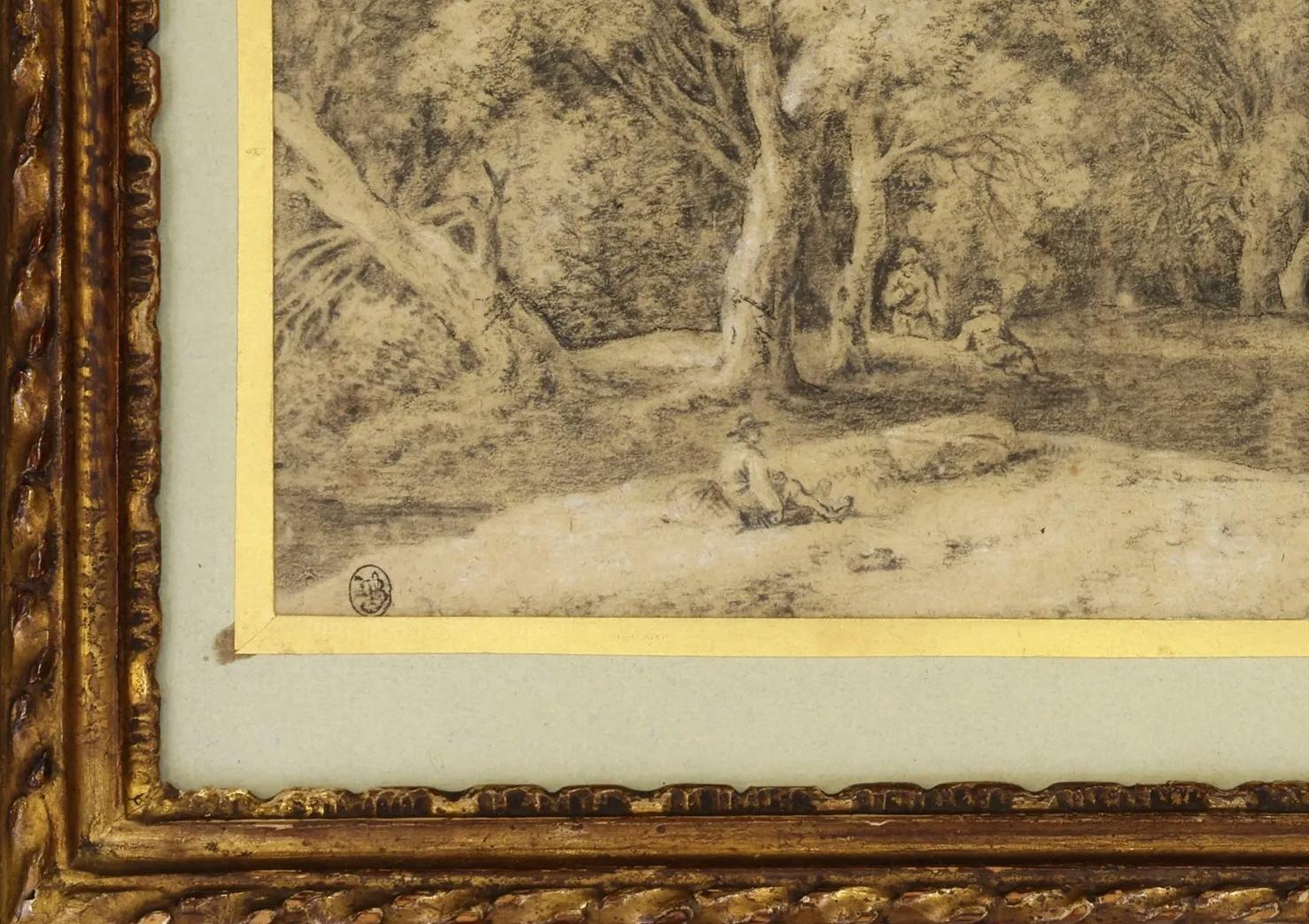 Figuren an einem Fluss am Rande eines Holzes (Braun), Landscape Art, von Ferdinand Von Kobell