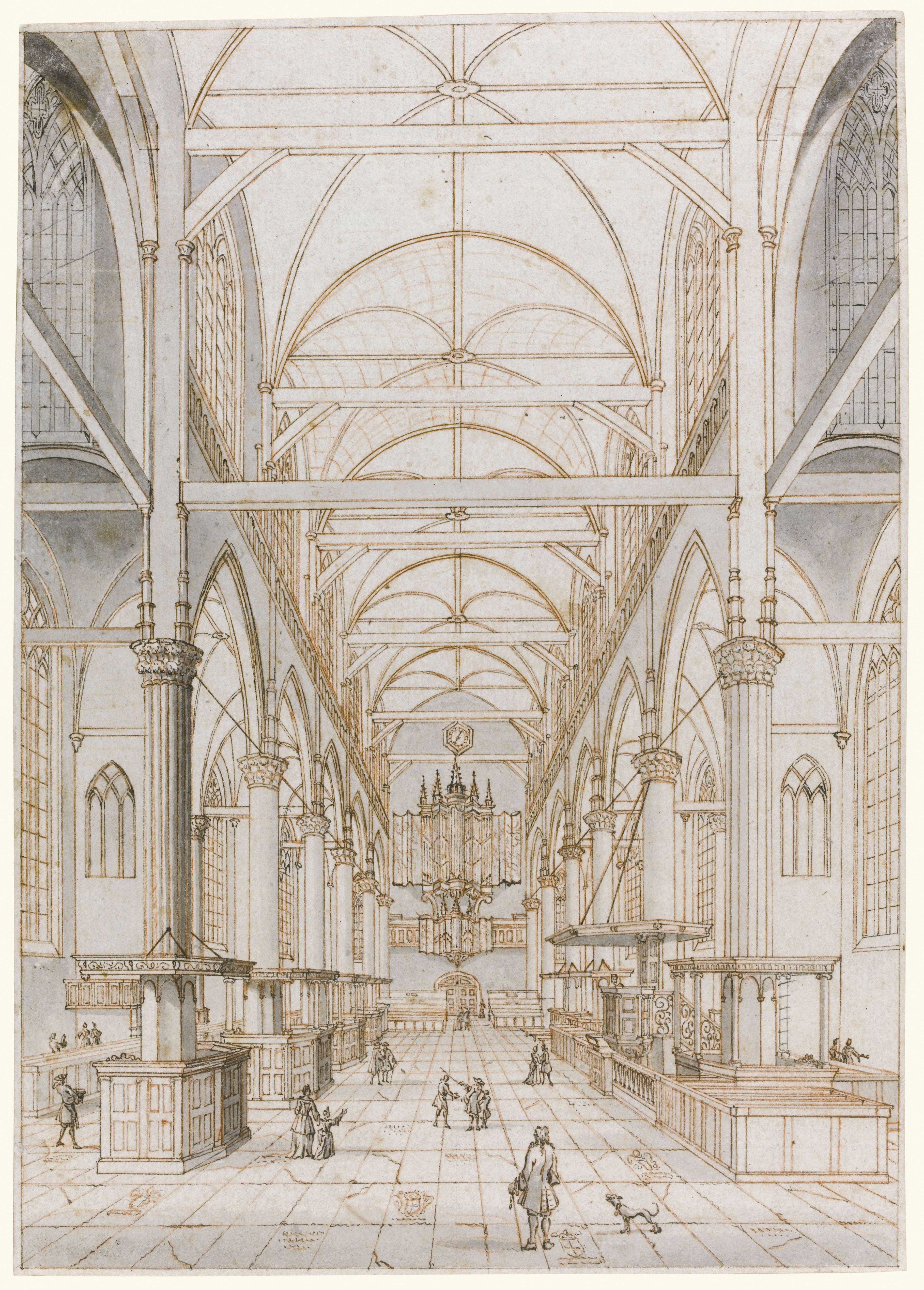 Jan Goeree (Middelburg 1670 - Amsterdam 1731)
Interior de la Nieuwe Kerk, Amsterdam (c. 1724)

Tiza roja para la arquitectura, pluma y tinta negra, aguada gris sobre papel
Composición invertida en preparación para el grabado
25 × 17.5 cm
Marca de