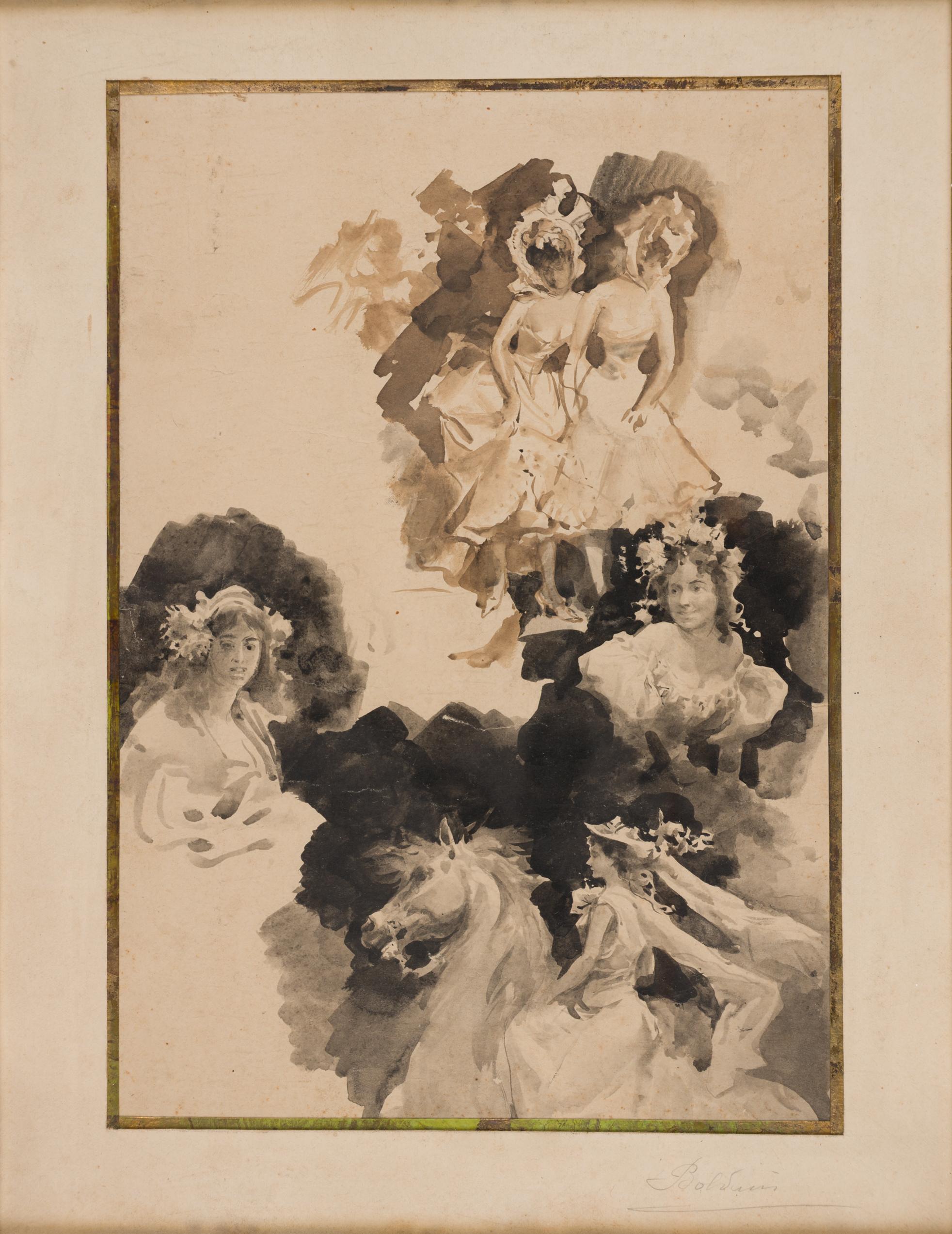 Attribué à Giovanni Boldini (1842-1931)
Études de femmes : Danseuses de cabaret, cavalières et profils féminins
Circa 1900

Lavis d'encre et lavis brun sur papier,
28.5 x 19.5 cm
Non signé

Cadre important de la Régence

Provenance :
Collection