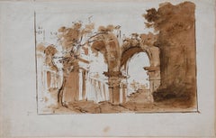 Capriccio Con Arco Drawing, Brown Ink on Laid Paper, Mid-18th Century