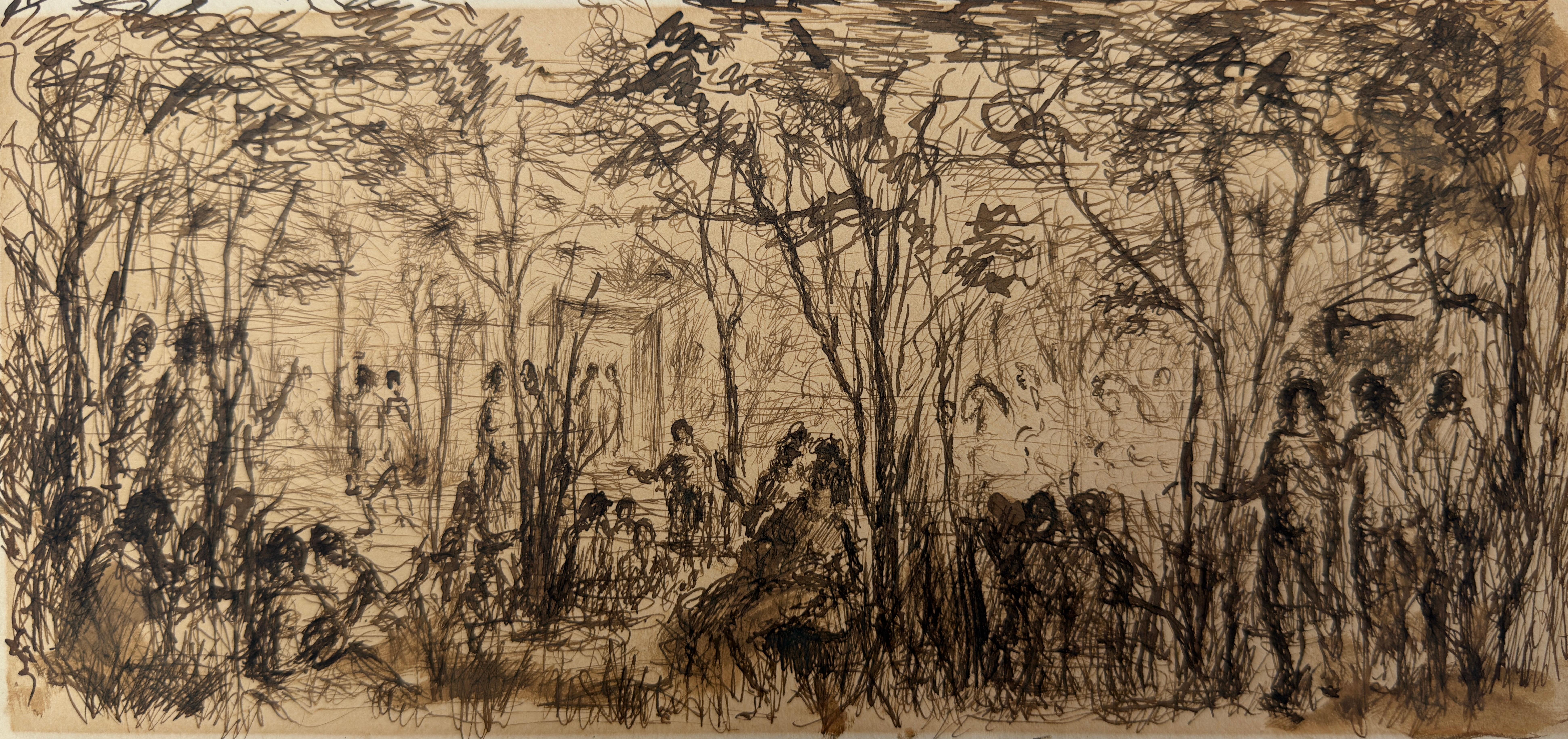 Romantic Ink Drawing: Feast in the Forest, Late 19th Century
