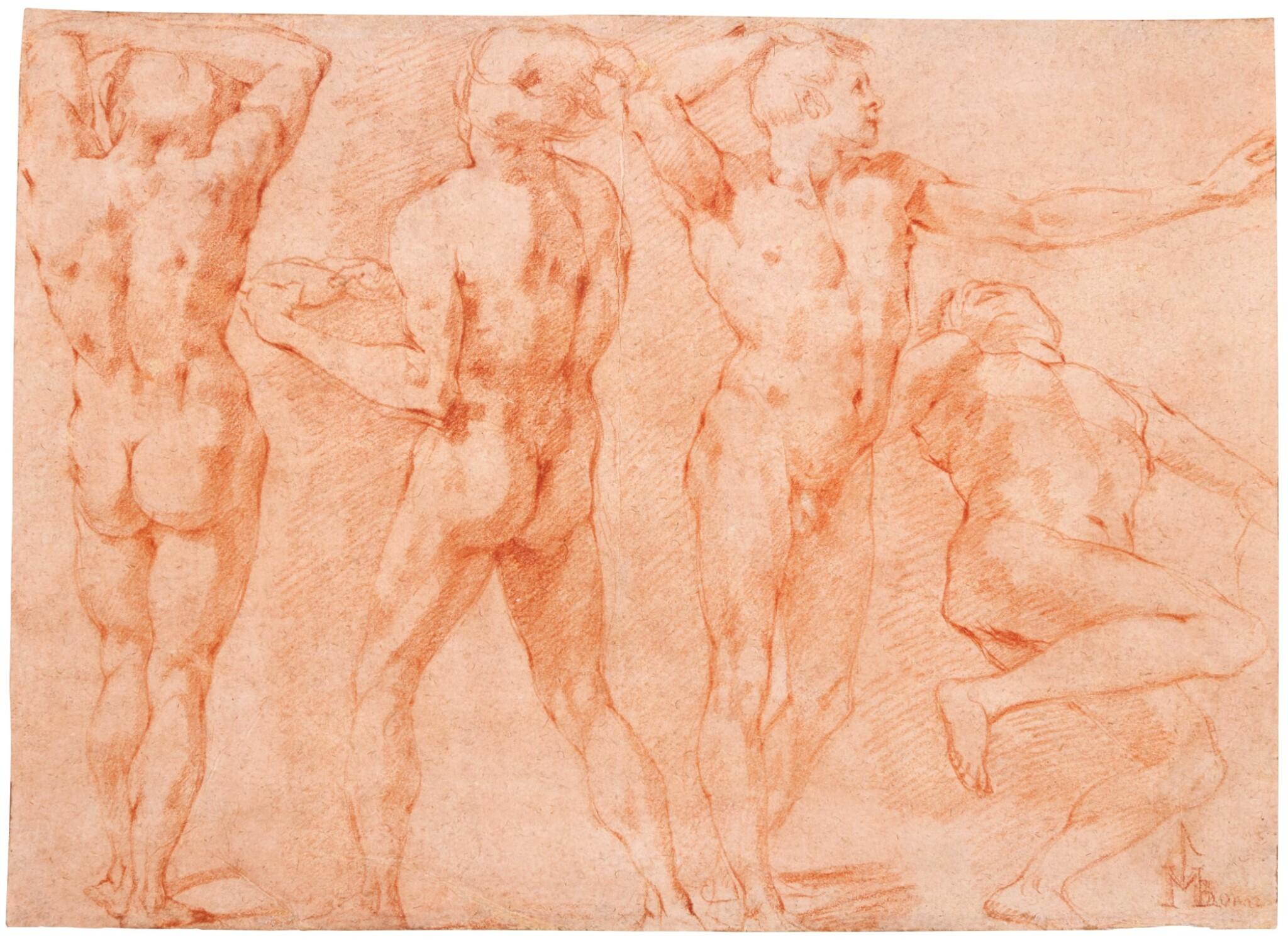 Four Male Nudes, Red Chalk Renaissance Drawing on Pink-Tinted Paper, circa 1580 - Art by Andrea Boscoli