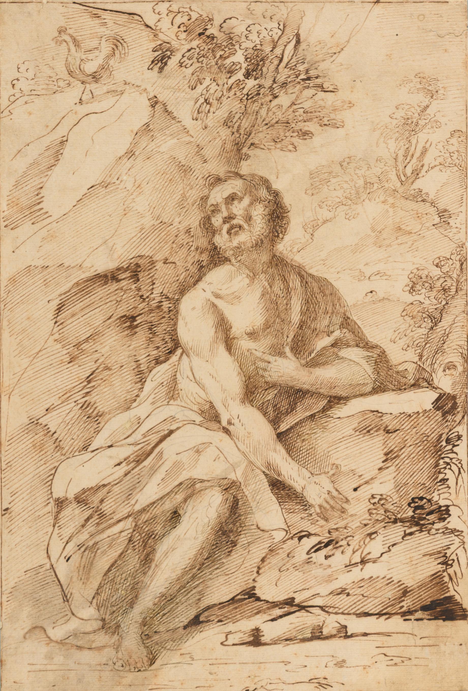 17th Century Roman Old Master Drawing of Penitent Saint Peter and the Rooster