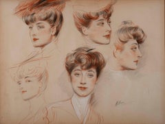 Paul-César Helleu, Five Studies of Jeanne Tachard, Belle Époque Portrait Drawing