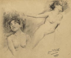 Eduard Veith: Kohlezeichnung mit zwei weiblichen Halbnakten, CIRCA 1900