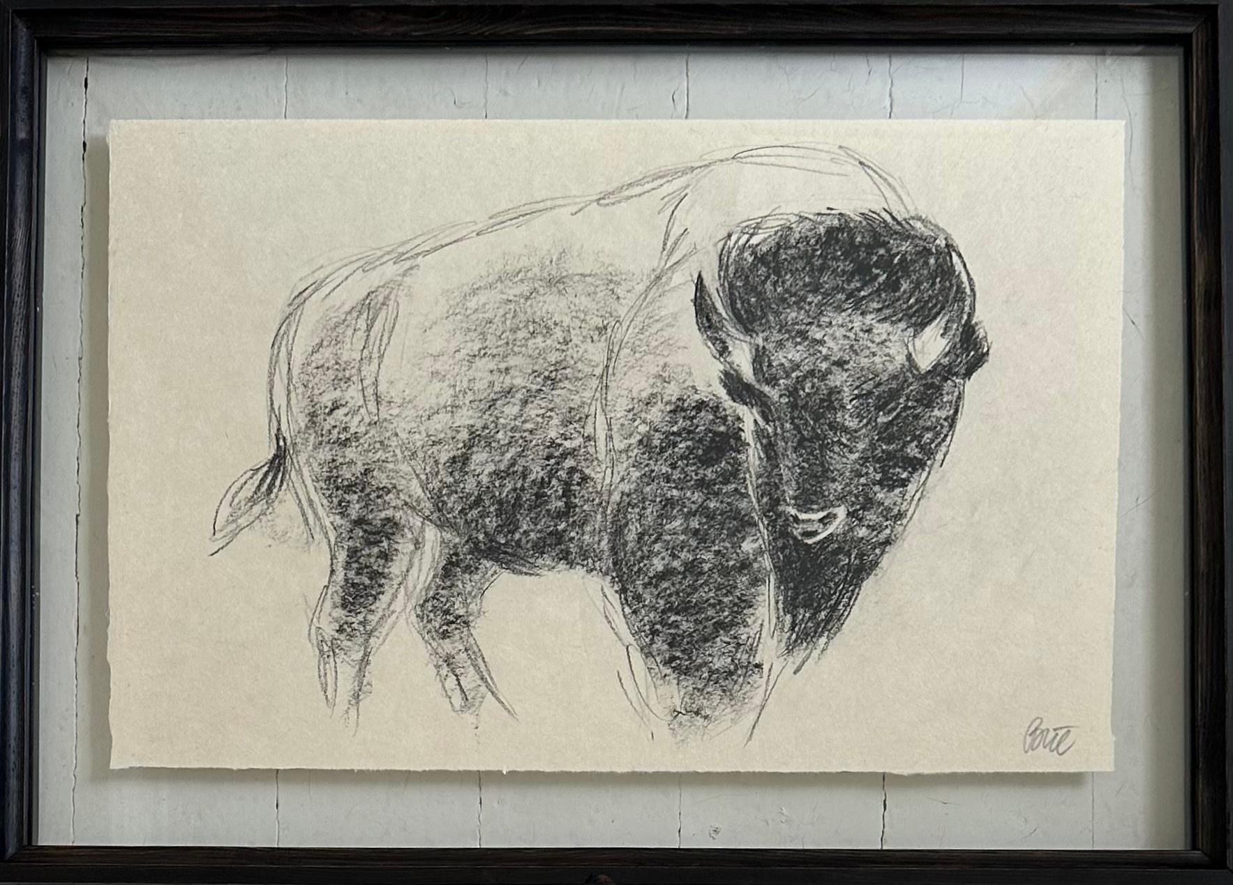 Dibujo al carboncillo de un toro bisonte por Steffen Bue. Esta pieza de un solo toro bisonte de cuerpo entero forma parte de la serie "El corazón de América" de Steffen Bue, una exploración íntima del toro bisonte, criatura a la que admira