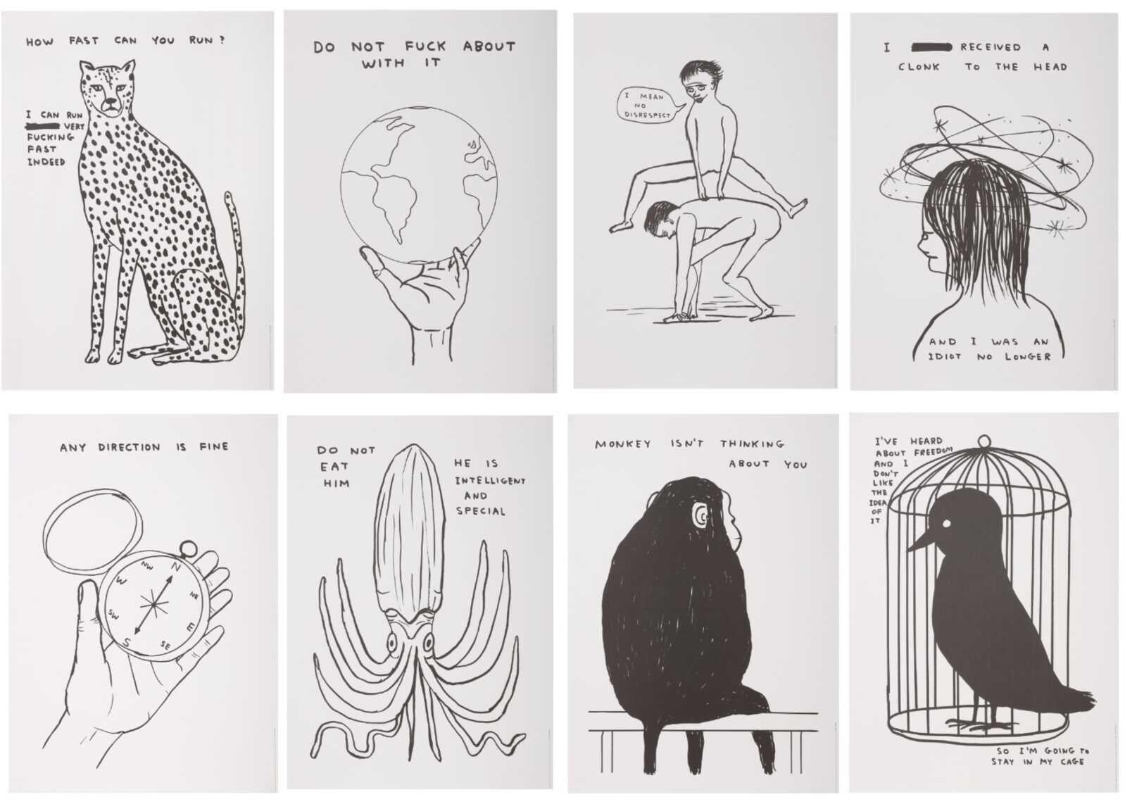 Human Behaviour and Animals and Existentialism full set of 8 prints - Art by David Shrigley