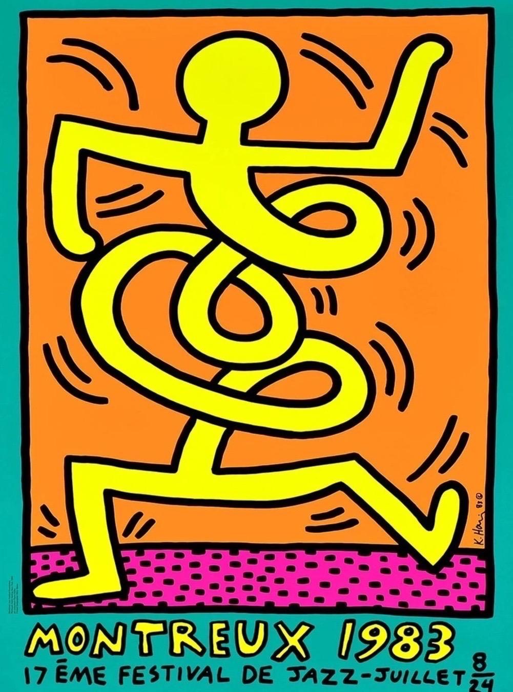 1983 Keith Haring Montreux Jazz Festival Green Original Poster

5 colour neon screenprint on heavy stock paper

Open edition, signed and dated by the artist in plate 

70 x 100 cm 

Markings: Printed by Serigraphie Uldry Bern, Switzerland, with