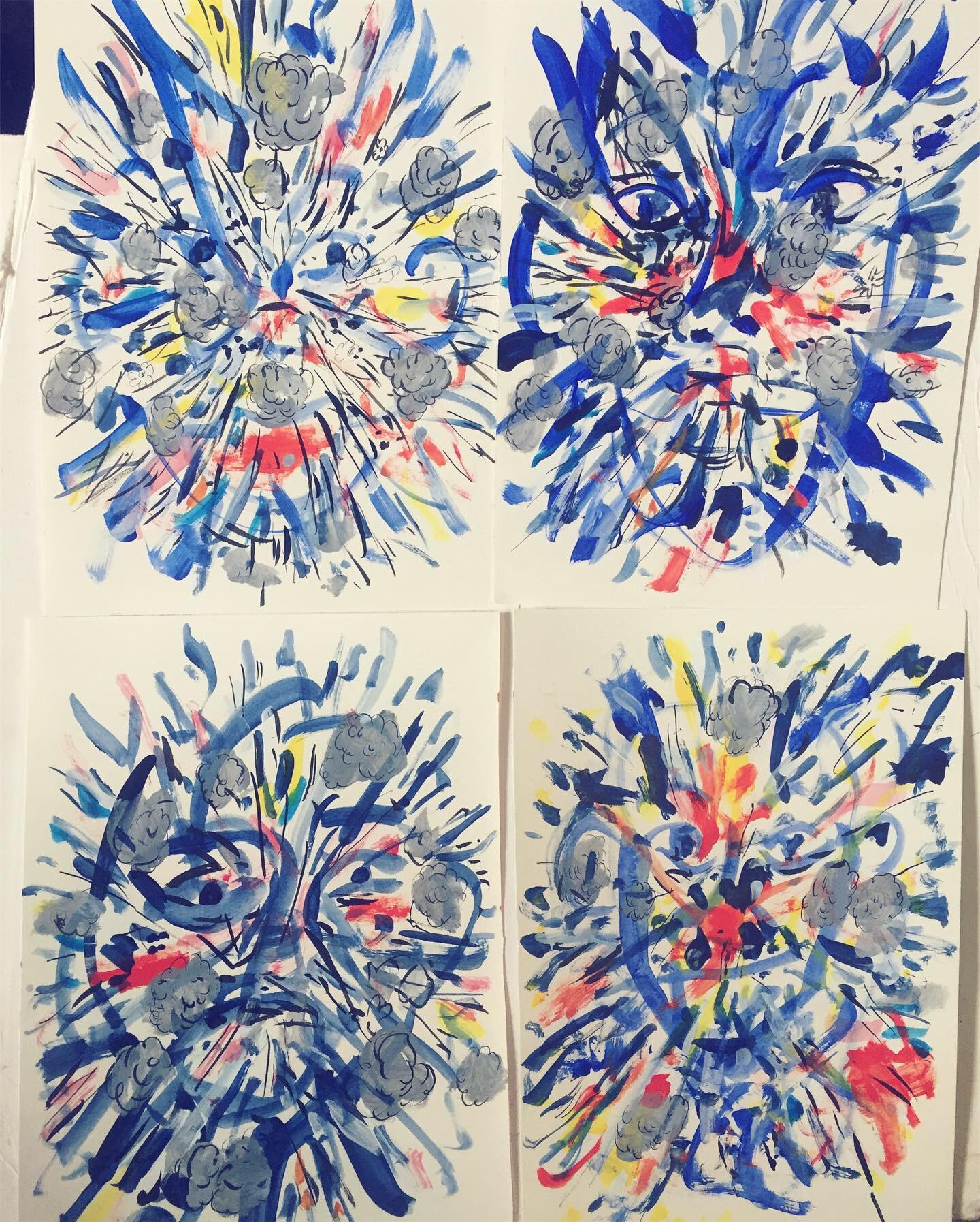 Nina Bovasso Portrait – Suite von vier Arbeiten auf Papier „Exploding Faces“