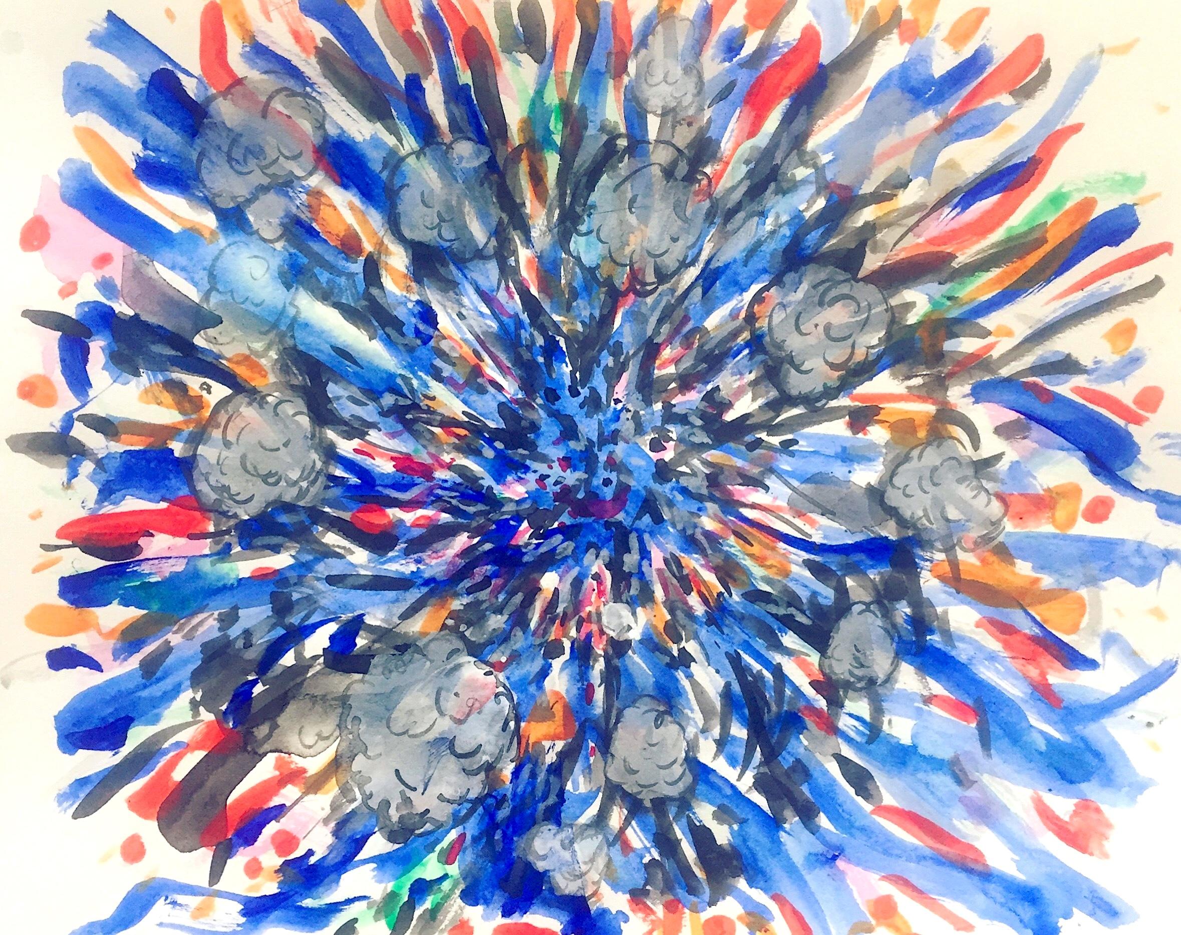 Pequeña explosión azul y naranja con nubes grises esponjosas - Painting de Nina Bovasso
